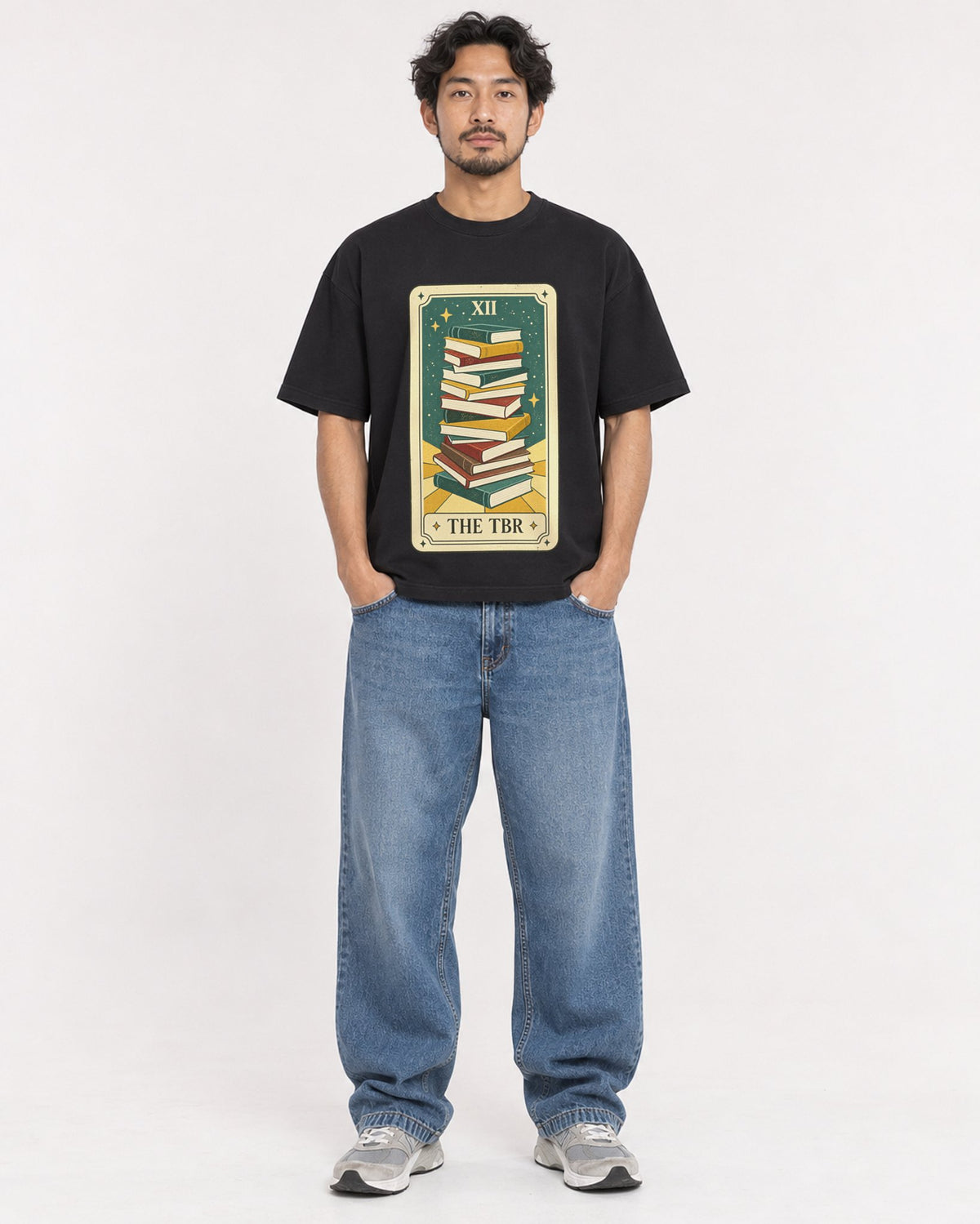Mockup Boxy Heavyweight Tee Black male full-body 02