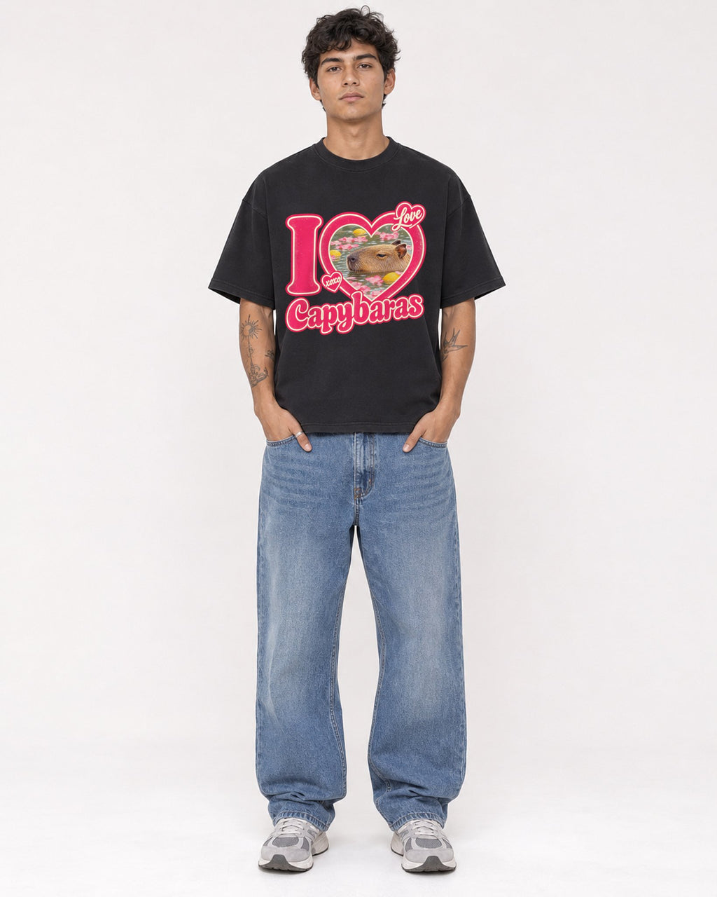 Mockup Boxy Heavyweight Tee Black male full-body 06