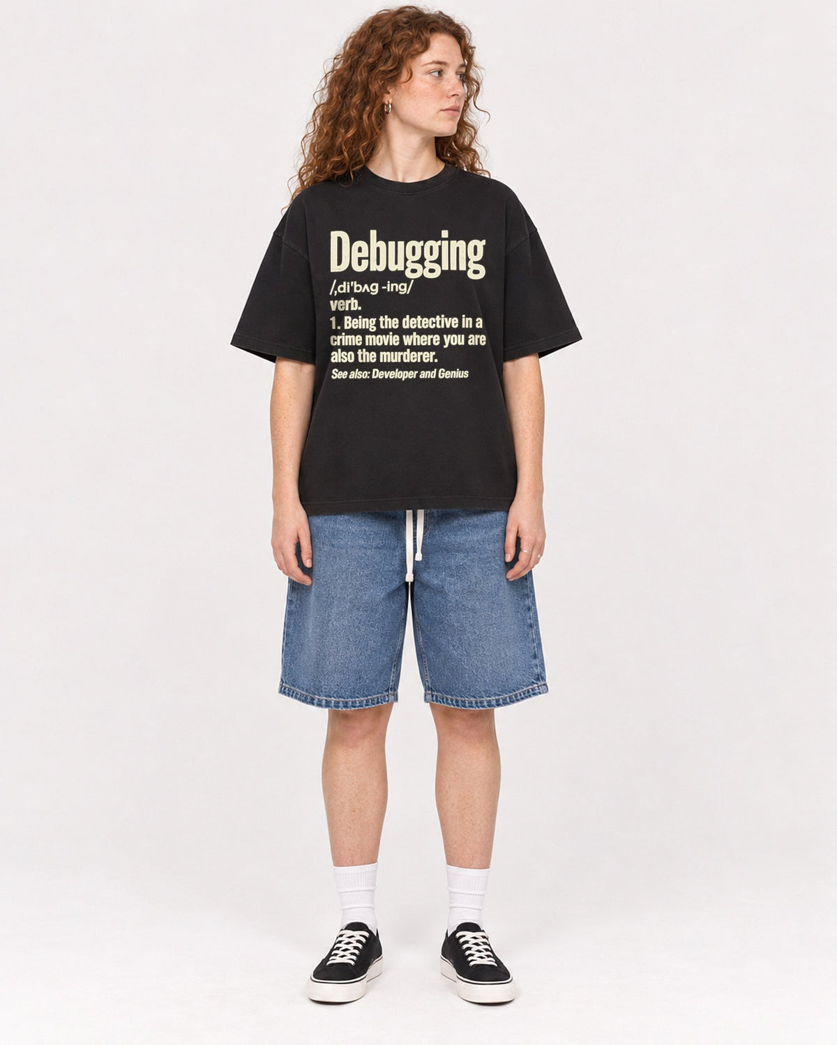 Mockup Boxy Heavyweight Tee Black female full-body 09