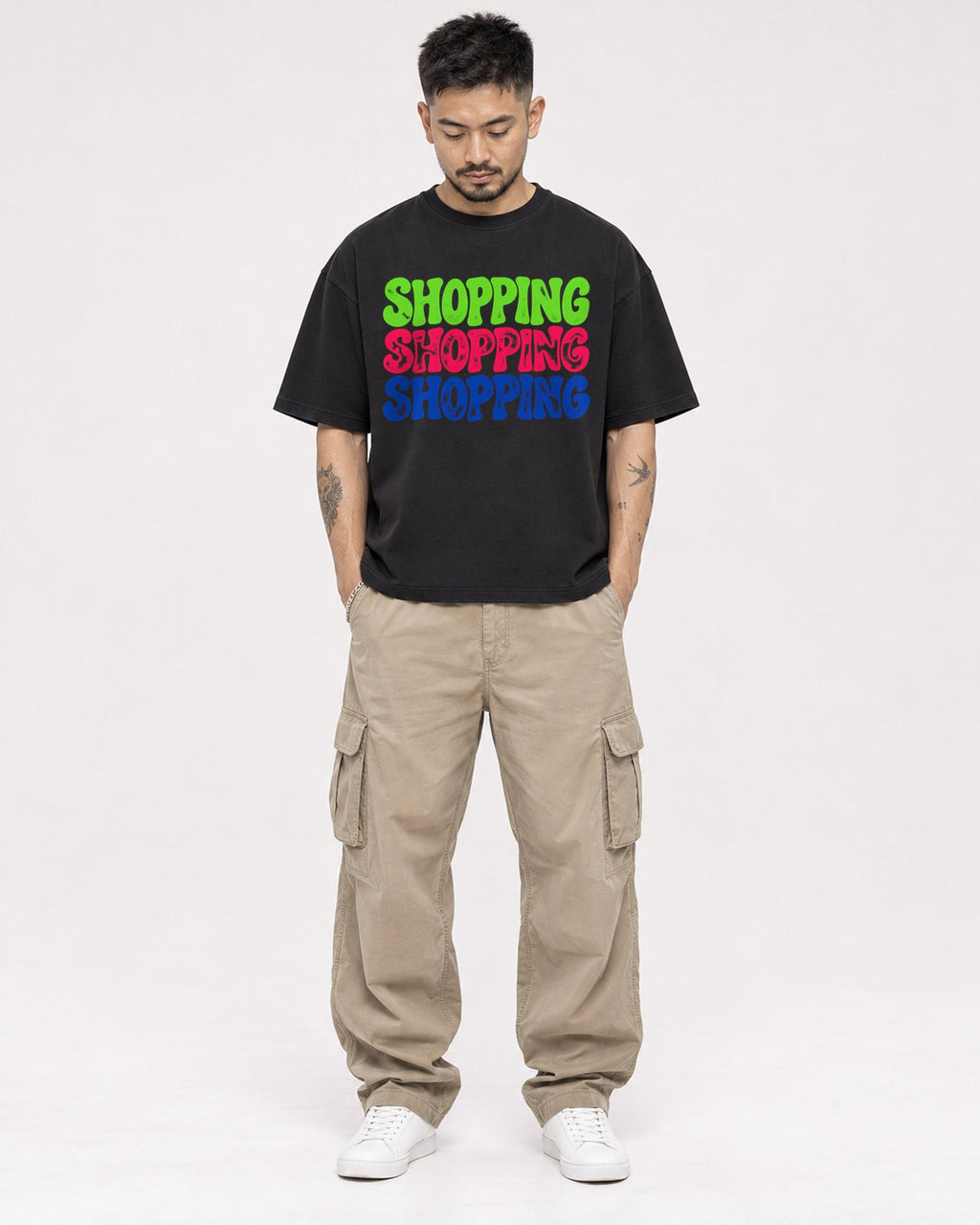 Mockup Boxy Heavyweight Tee Black male full-body 12