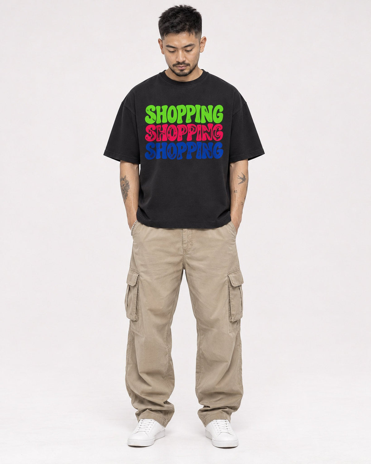 Mockup Boxy Heavyweight Tee Black male full-body 12