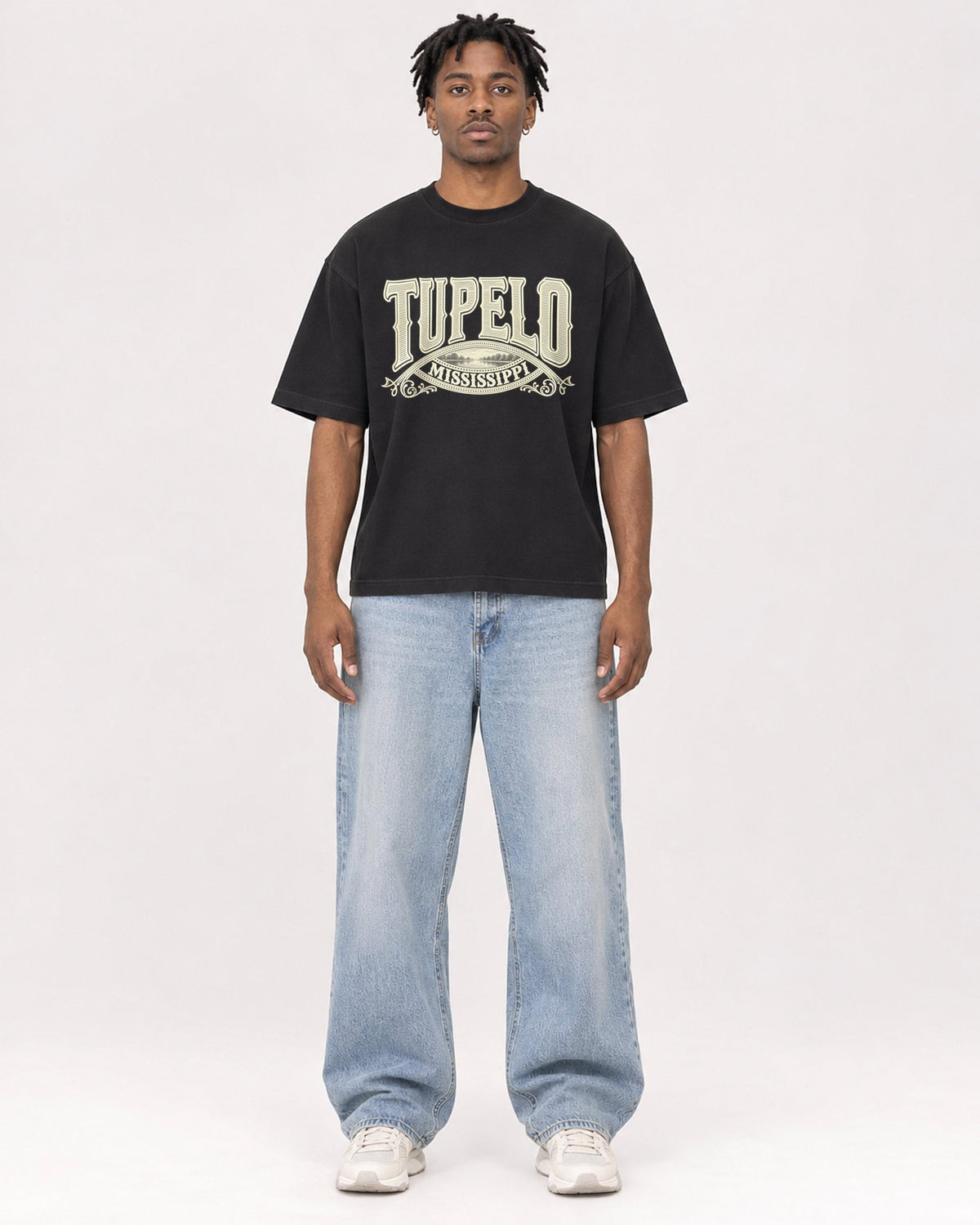 Mockup Boxy Heavyweight Tee Black male full-body 05