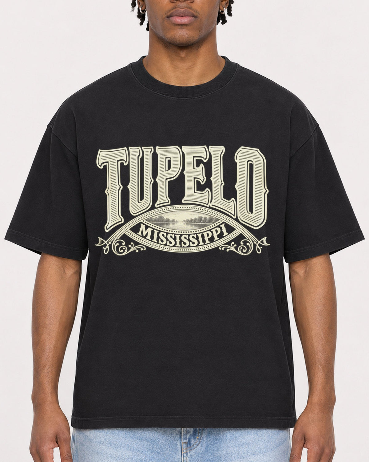 Mockup Boxy Heavyweight Tee Black male close-up 05