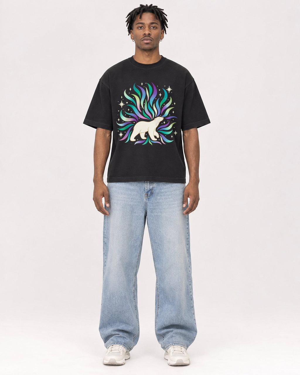 Mockup Boxy Heavyweight Tee Black male full-body 05