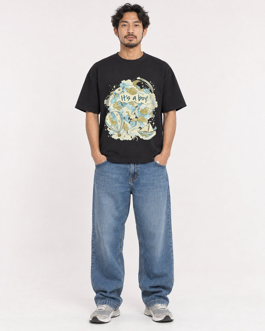 Mockup Boxy Heavyweight Tee Black male full-body 02