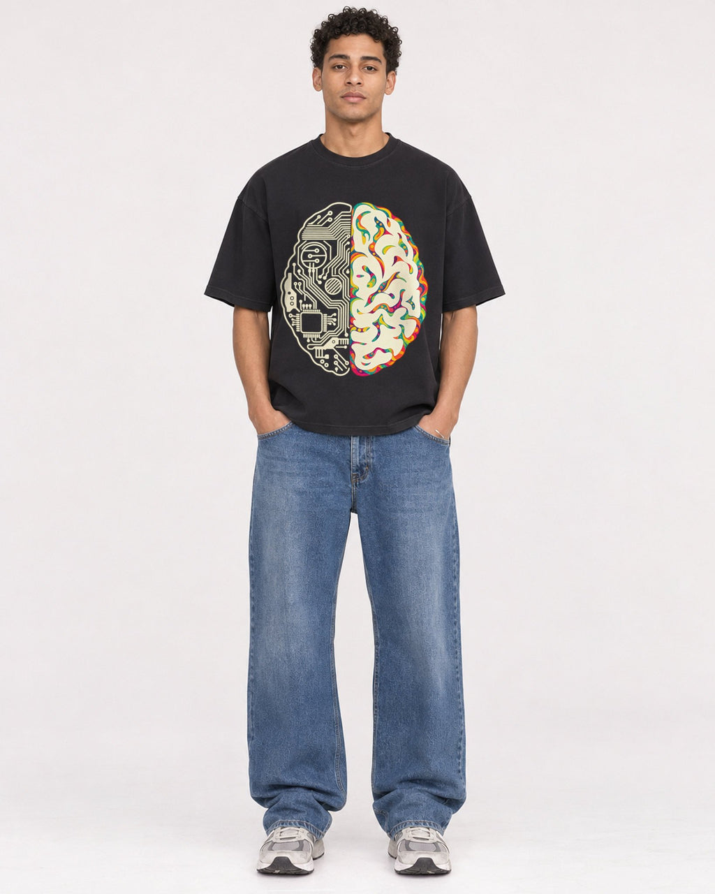 Mockup Boxy Heavyweight Tee Black male full-body 10