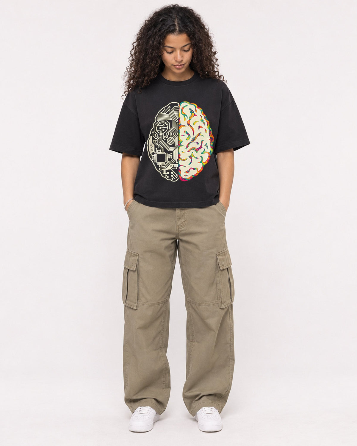 Mockup Boxy Heavyweight Tee Black female full-body 10