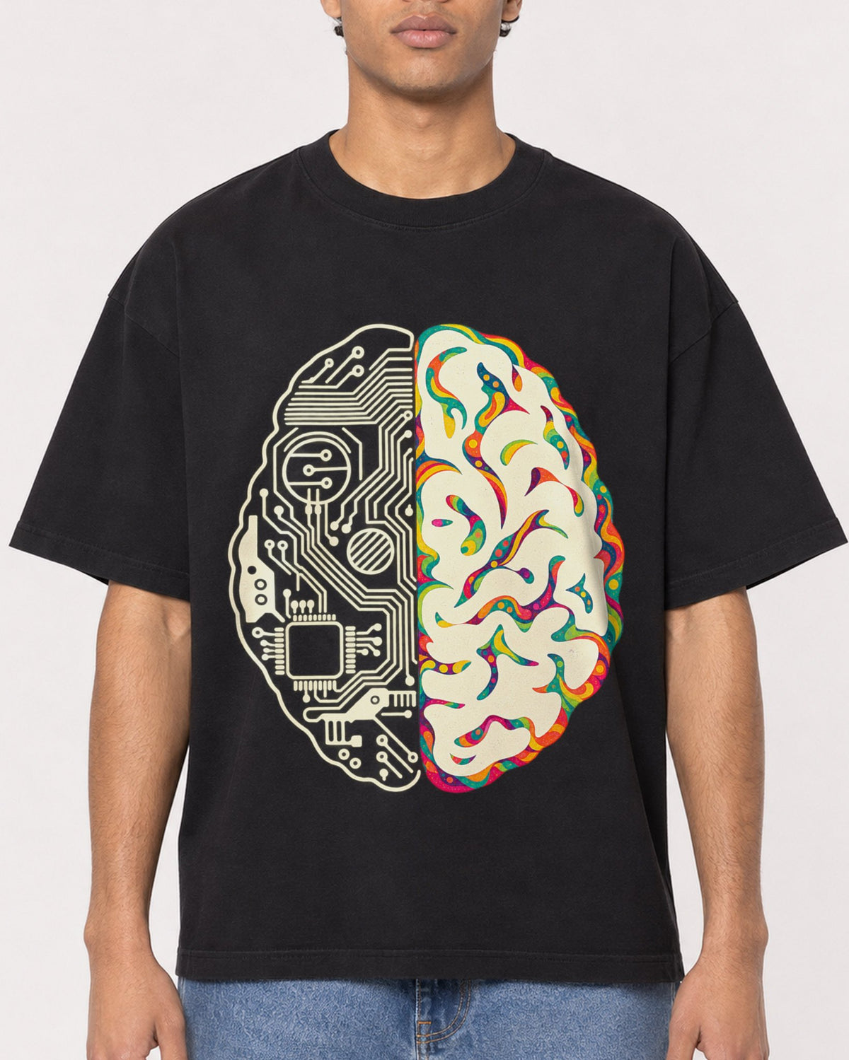 Mockup Boxy Heavyweight Tee Black male close-up 10