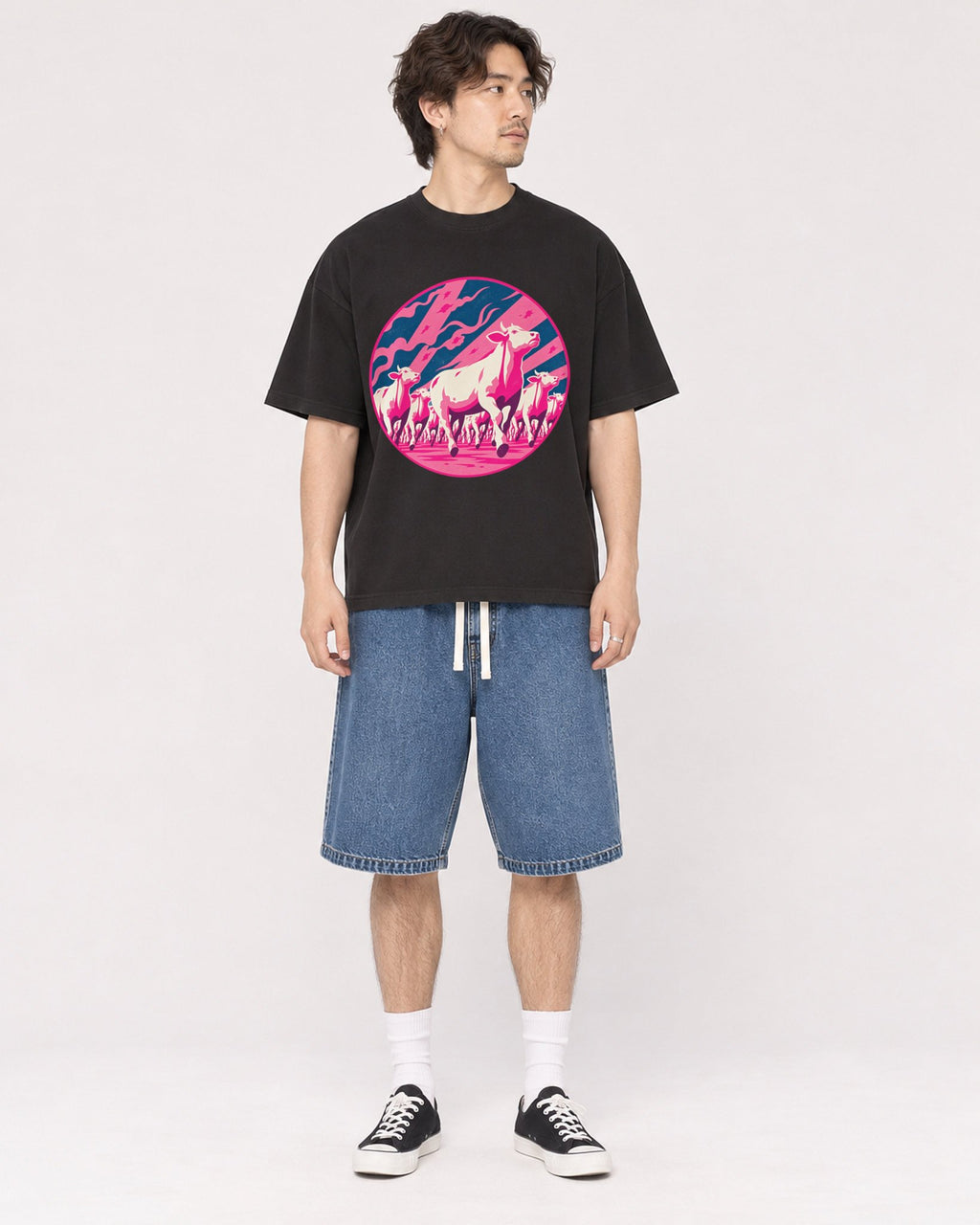 Mockup Boxy Heavyweight Tee Black male full-body 03