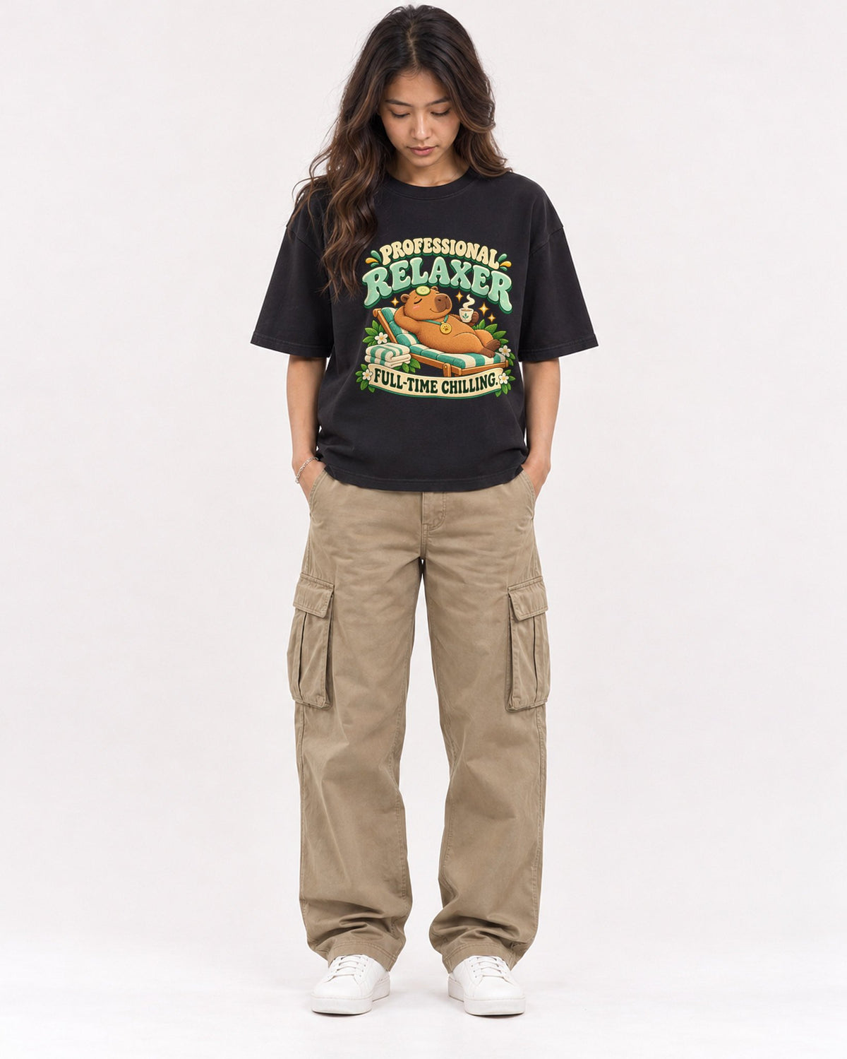 Mockup Boxy Heavyweight Tee Black female full-body 02