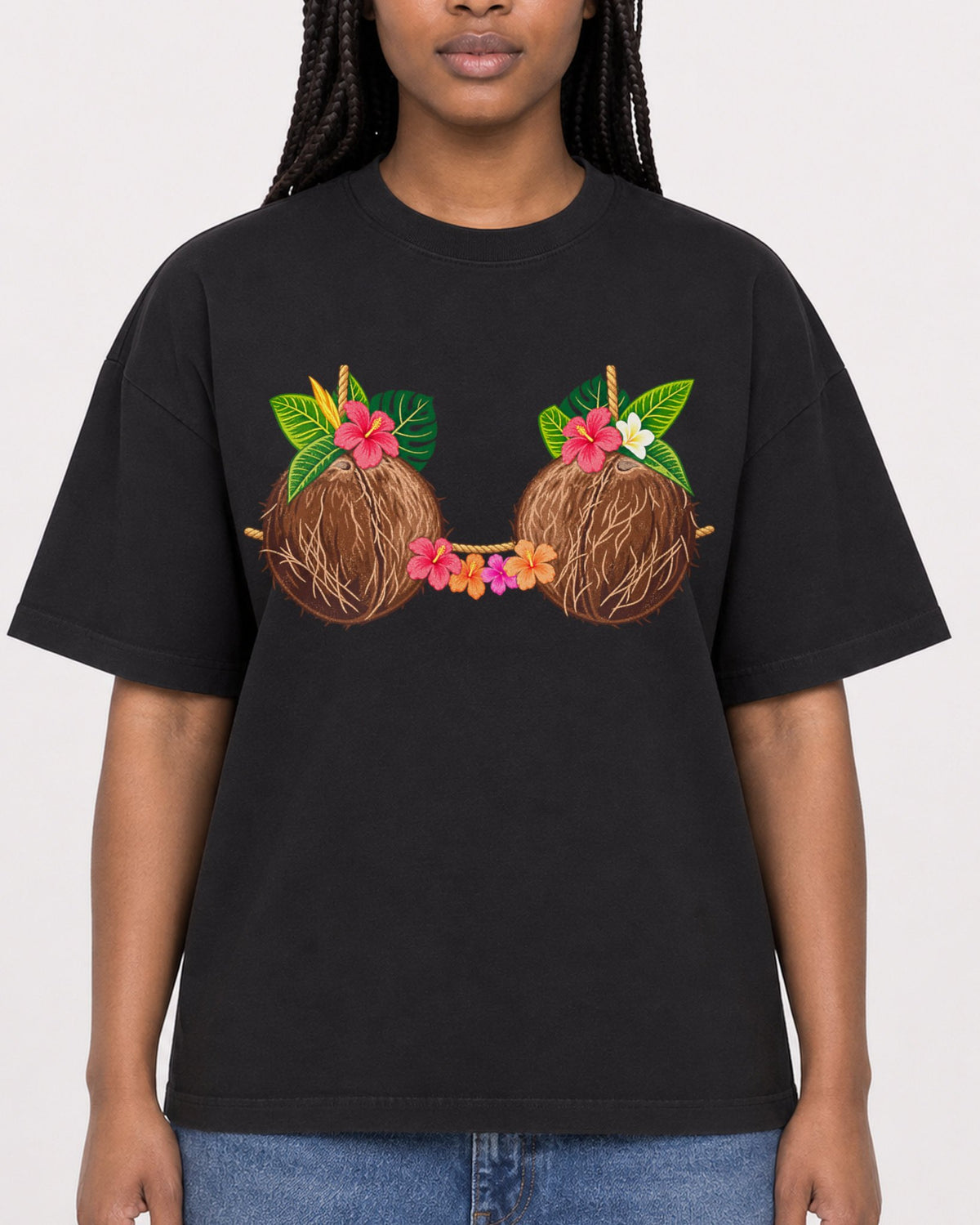 Mockup Boxy Heavyweight Tee Black female close-up 04