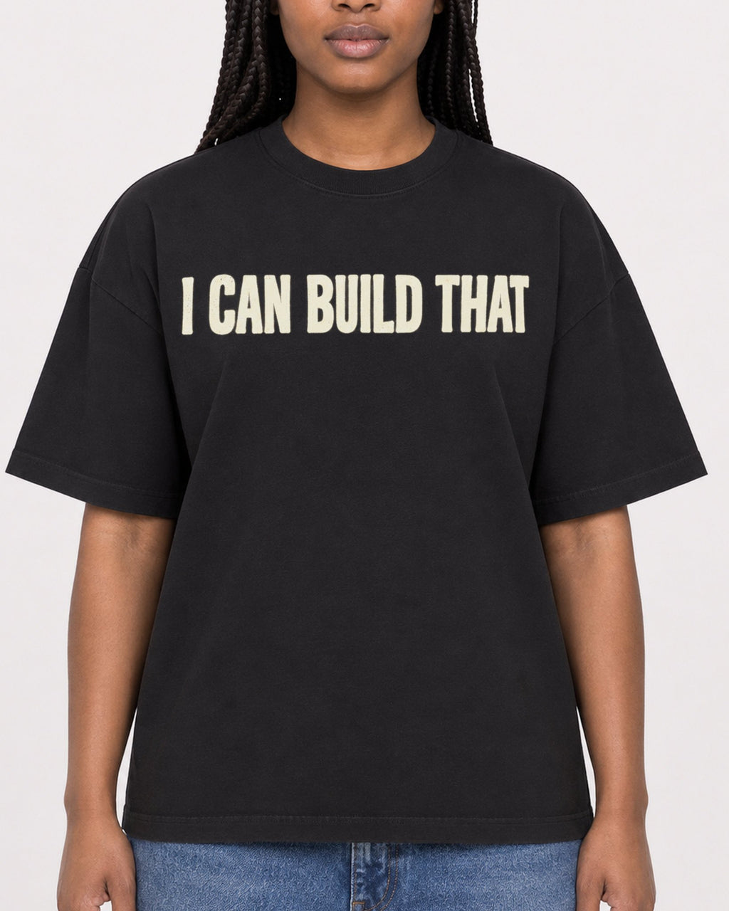 Mockup Boxy Heavyweight Tee Black female close-up 04