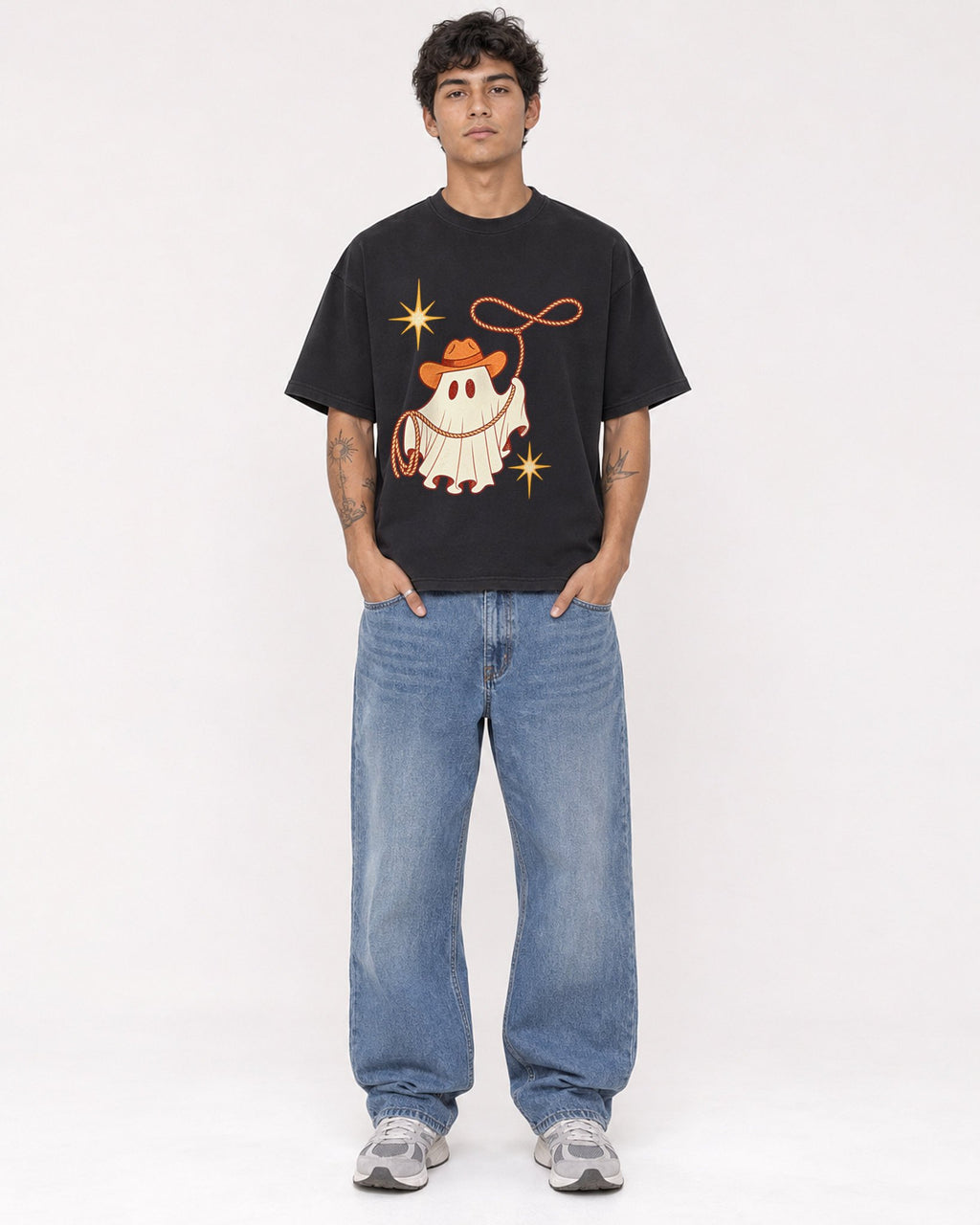Mockup Boxy Heavyweight Tee Black male full-body 06