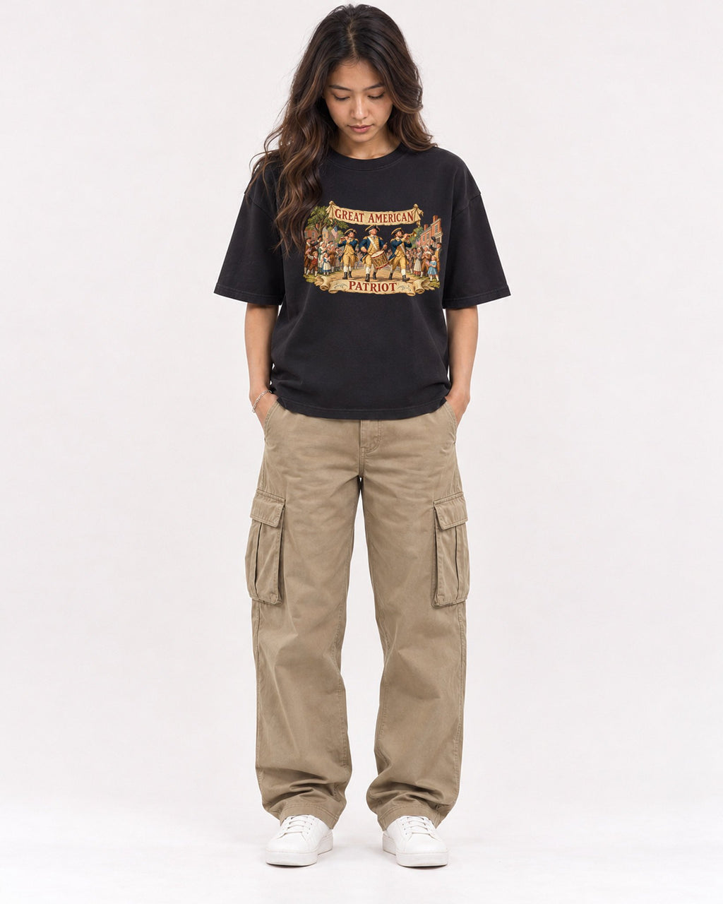 Mockup Boxy Heavyweight Tee Black female full-body 02
