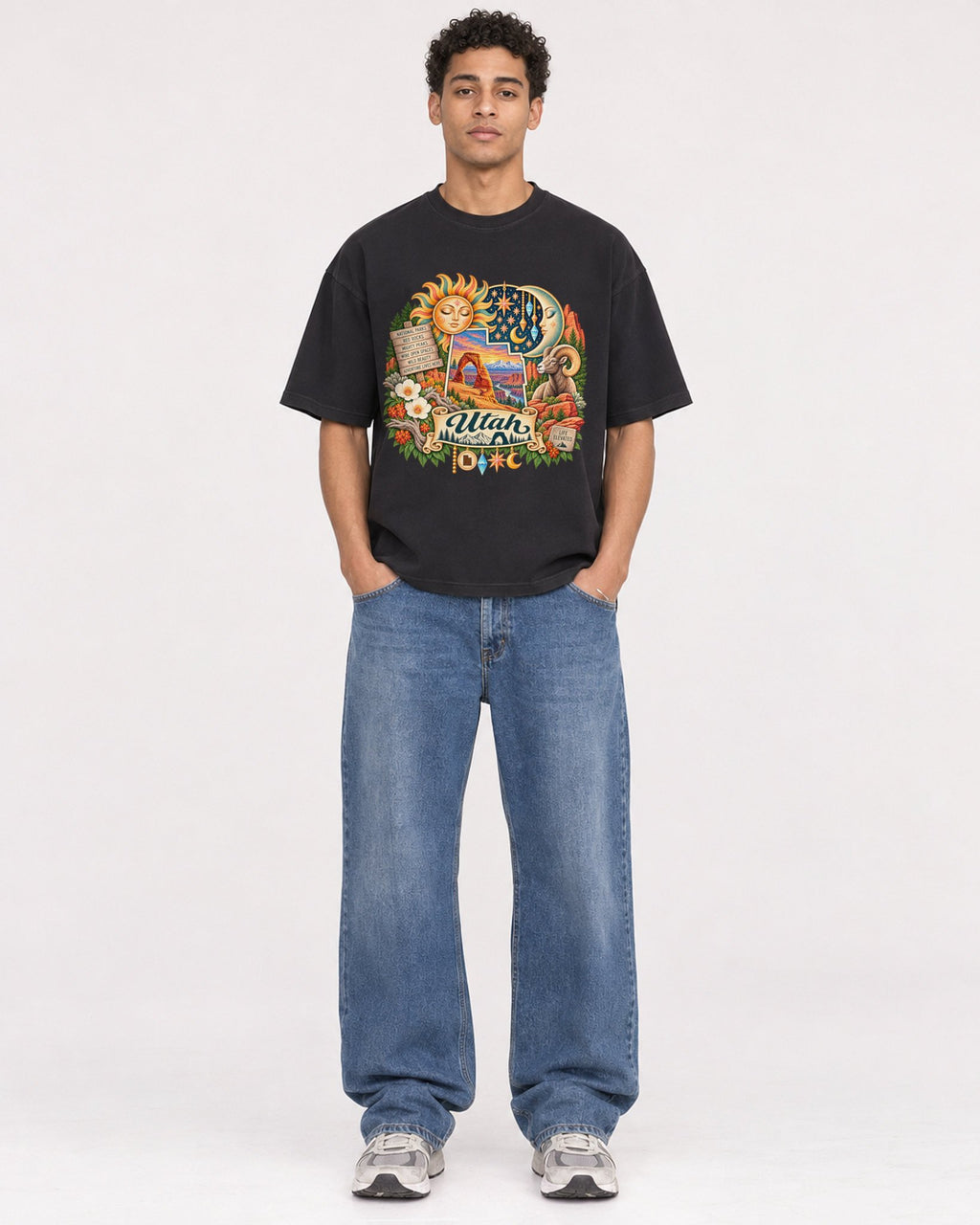 Mockup Boxy Heavyweight Tee Black male full-body 10