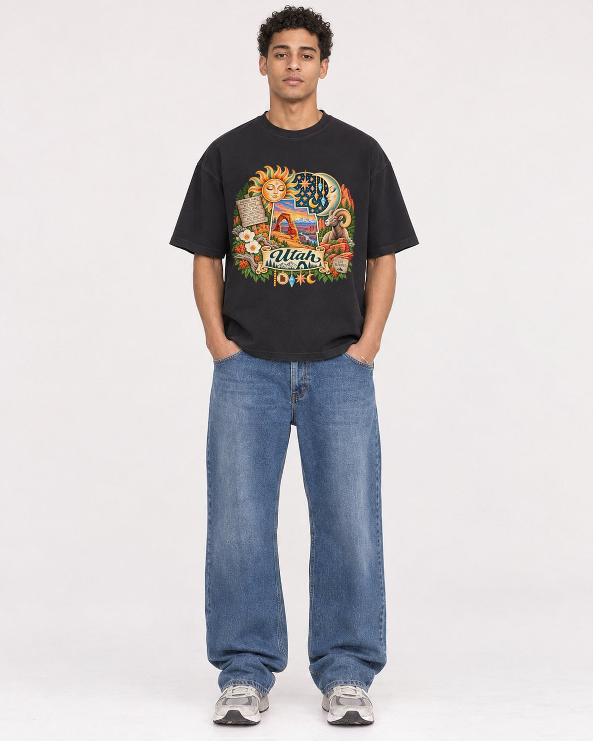 Mockup Boxy Heavyweight Tee Black male full-body 10