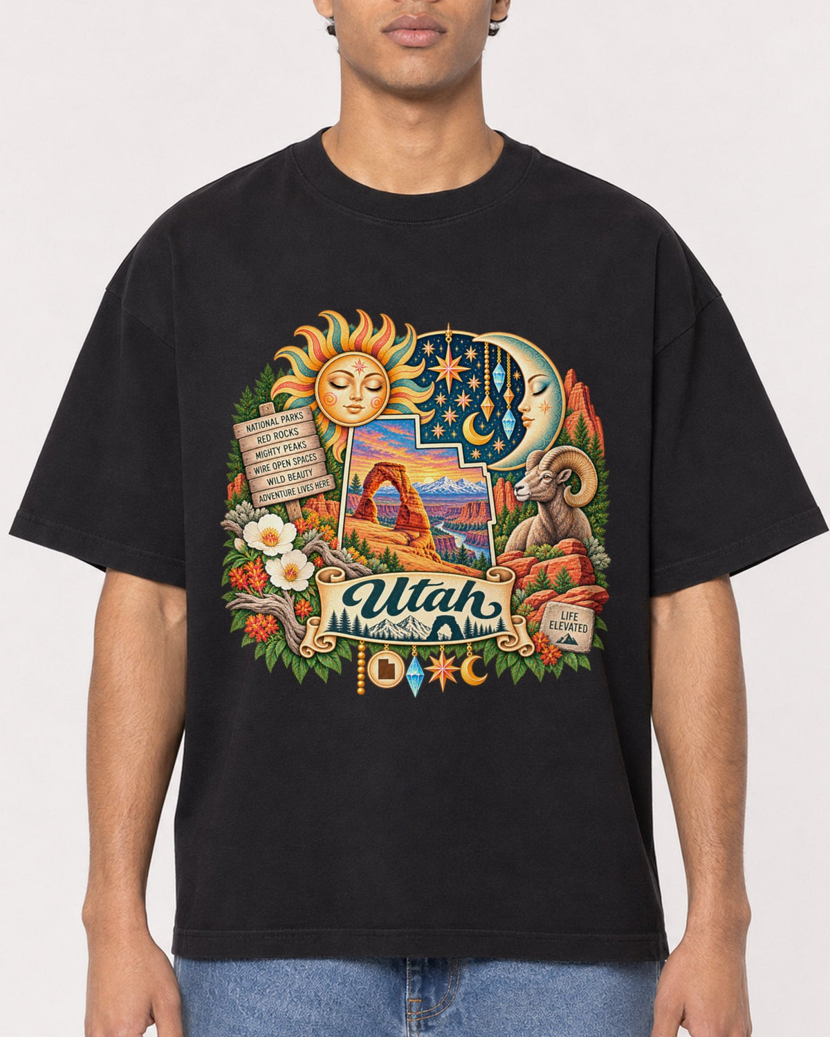 Mockup Boxy Heavyweight Tee Black male close-up 10