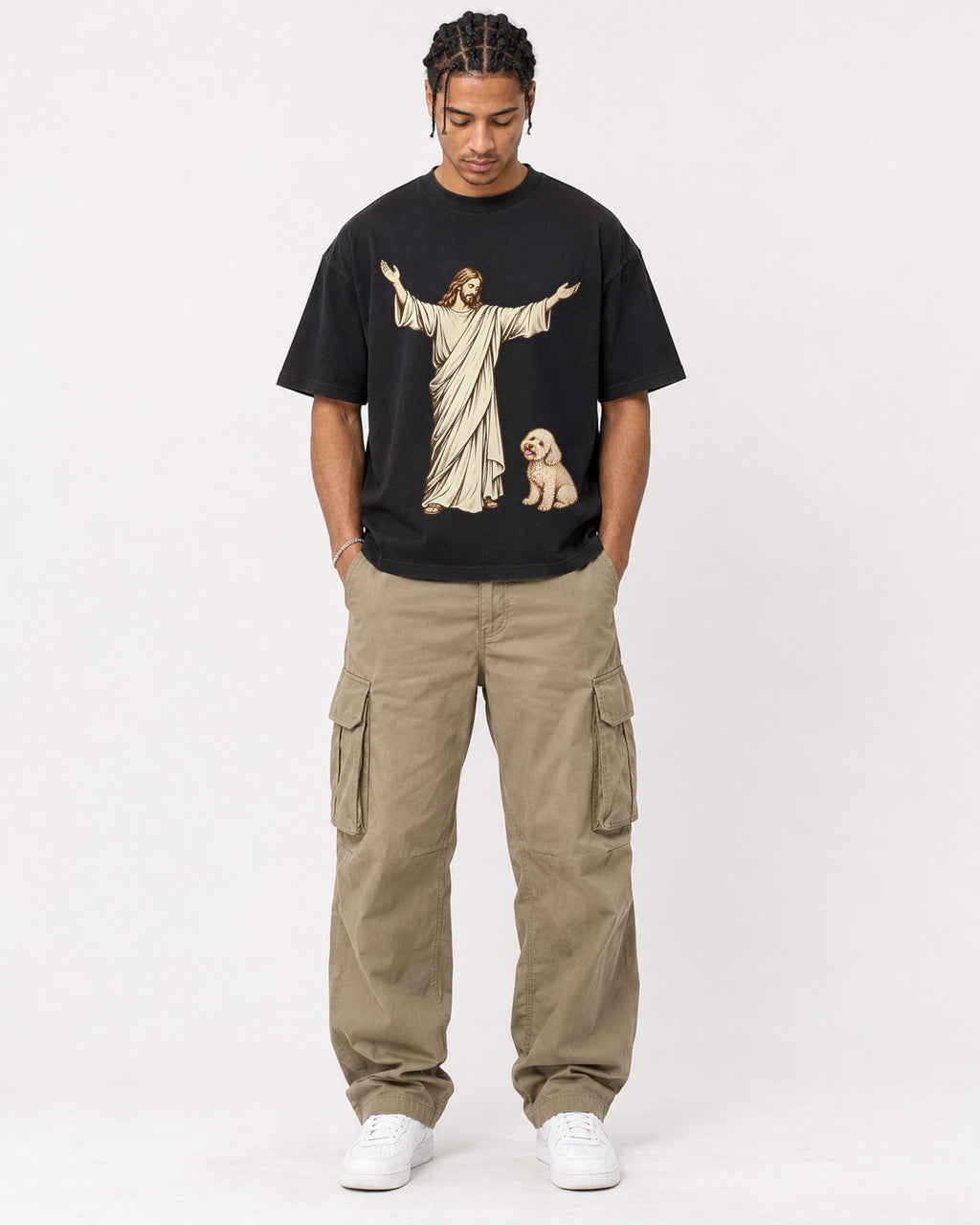 Mockup Boxy Heavyweight Tee Black male full-body 40