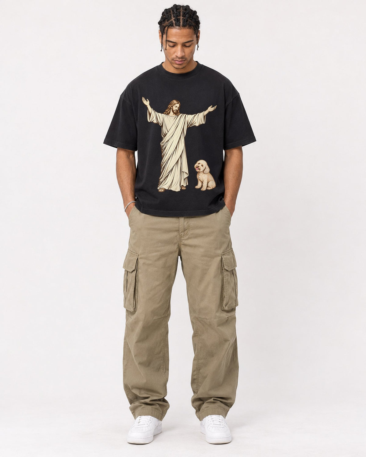 Mockup Boxy Heavyweight Tee Black male full-body 40