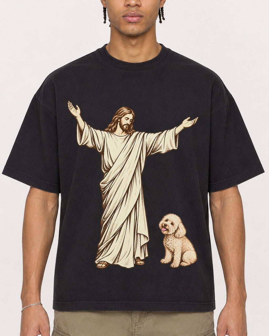 Mockup Boxy Heavyweight Tee Black male close-up 40
