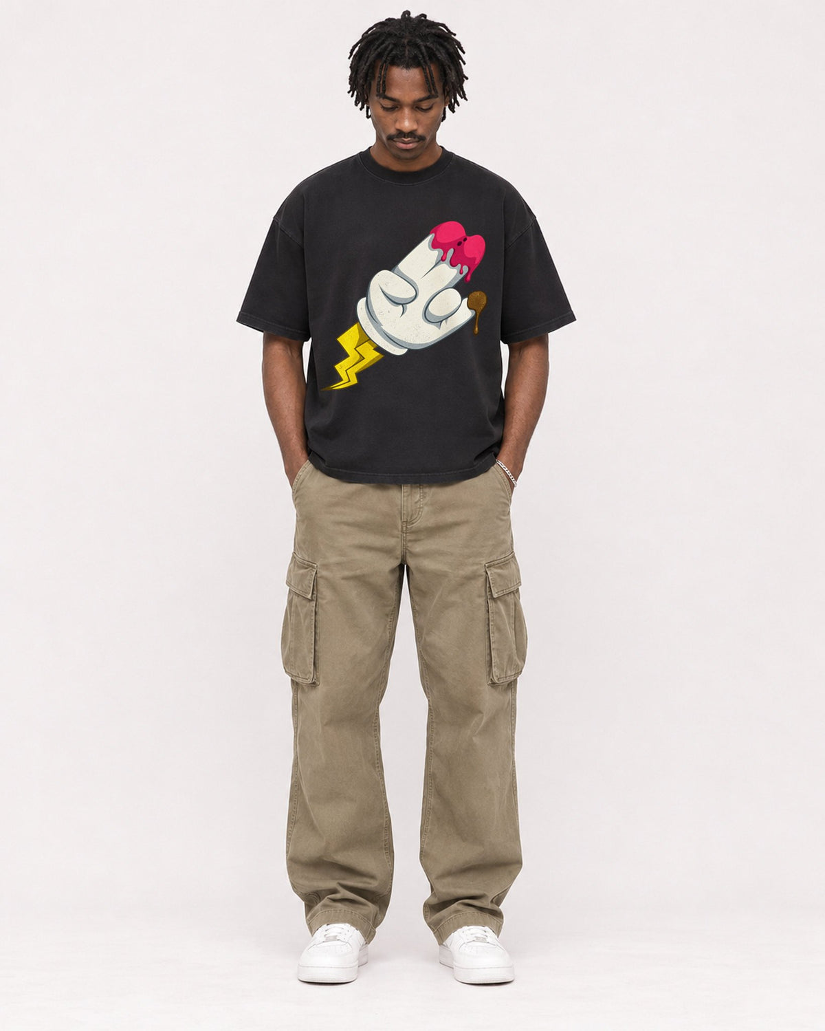 Mockup Boxy Heavyweight Tee Black male full-body 04