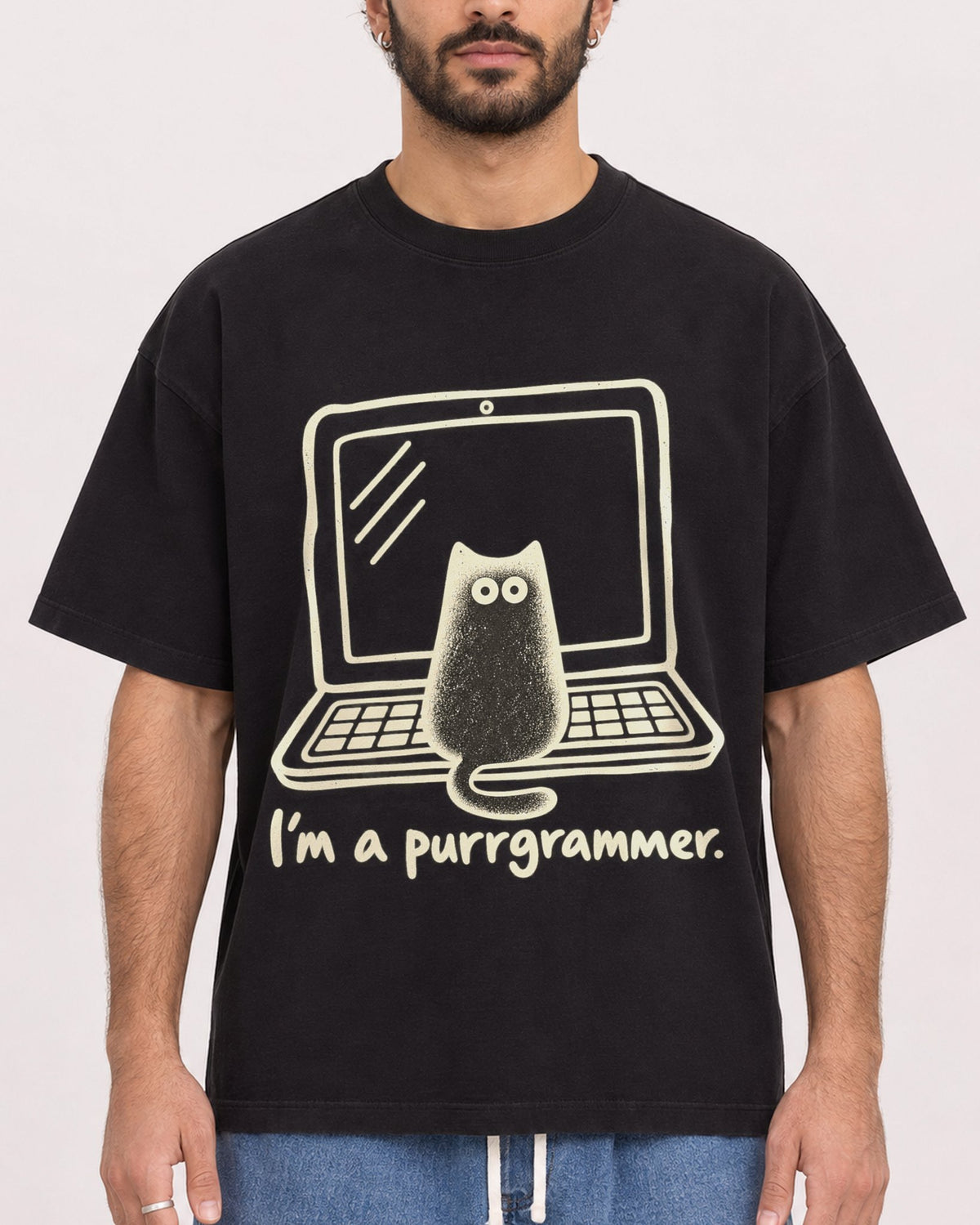 Mockup Boxy Heavyweight Tee Black male close-up 27