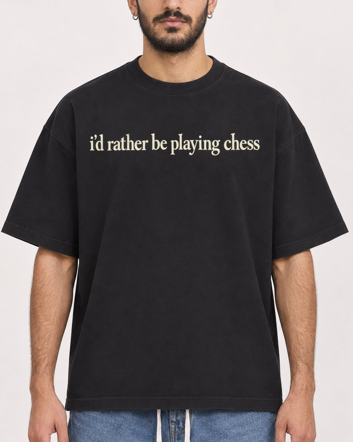 Mockup Boxy Heavyweight Tee Black male close-up 07