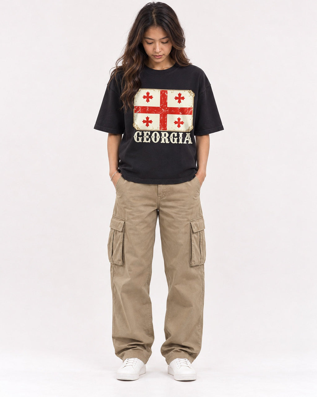Mockup Boxy Heavyweight Tee Black female full-body 02