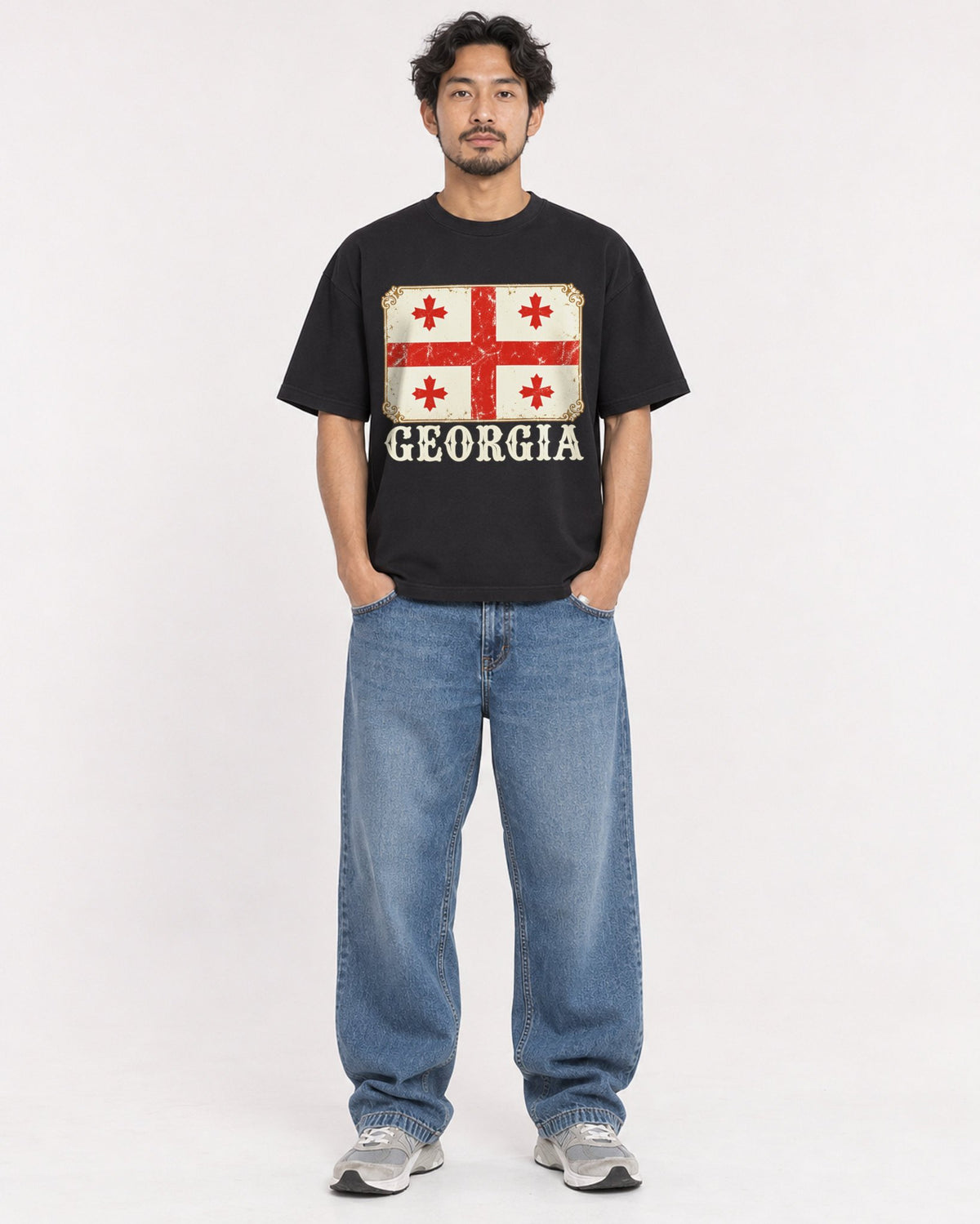 Mockup Boxy Heavyweight Tee Black male full-body 02