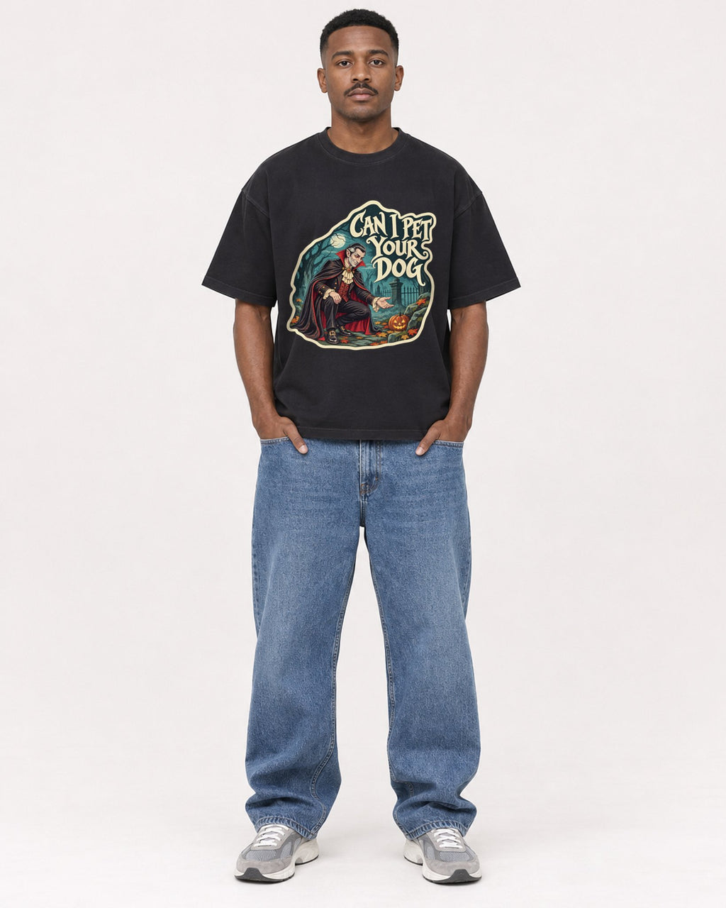 Mockup Boxy Heavyweight Tee Black male full-body 14