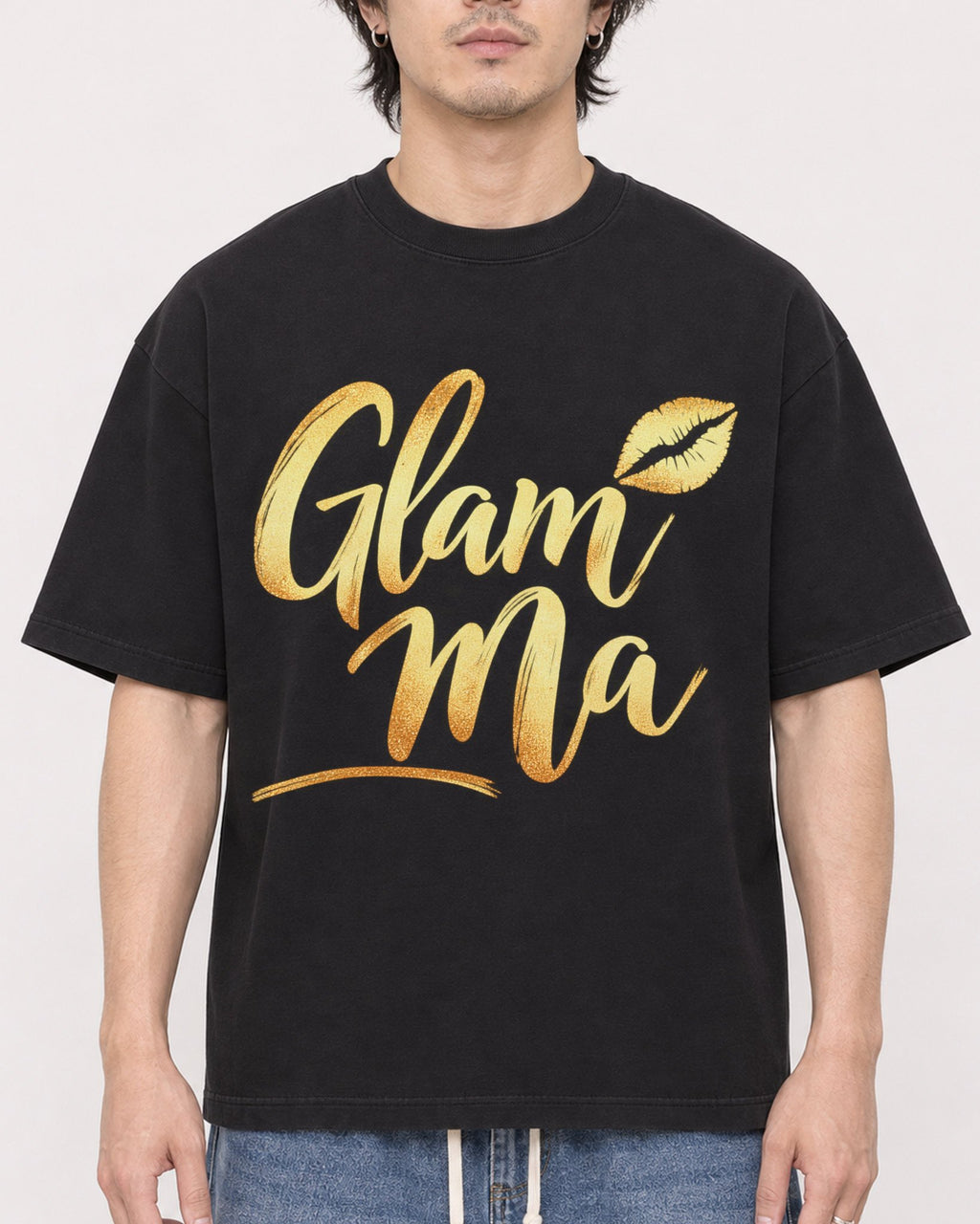 Mockup Boxy Heavyweight Tee Black male close-up 03