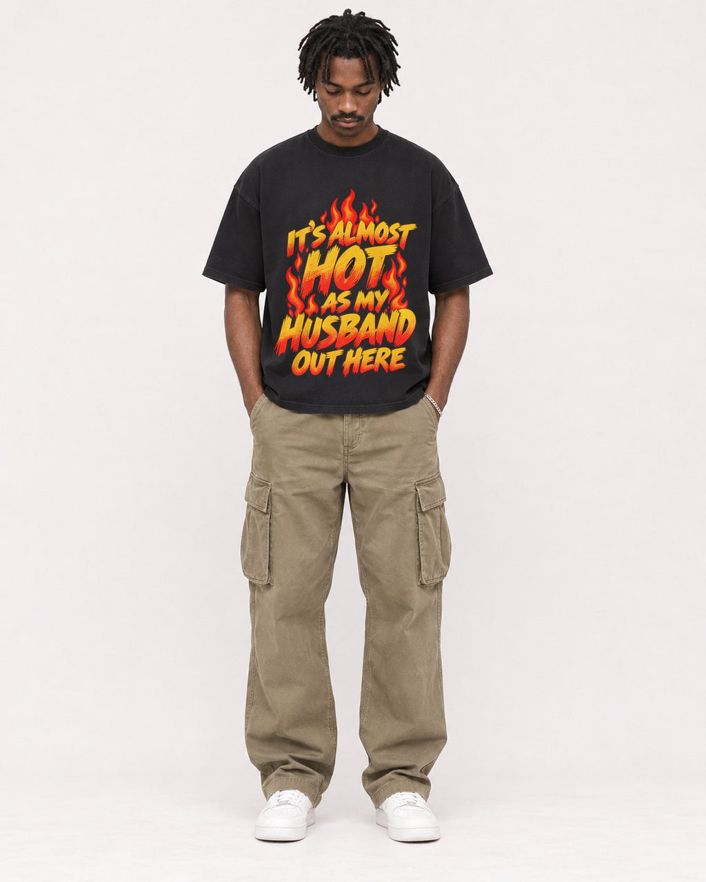 Mockup Boxy Heavyweight Tee Black male full-body 04
