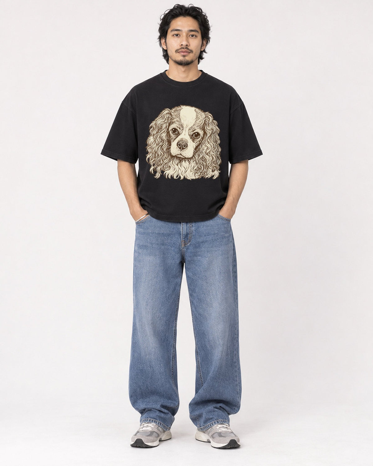 Mockup Boxy Heavyweight Tee Black male full-body 22