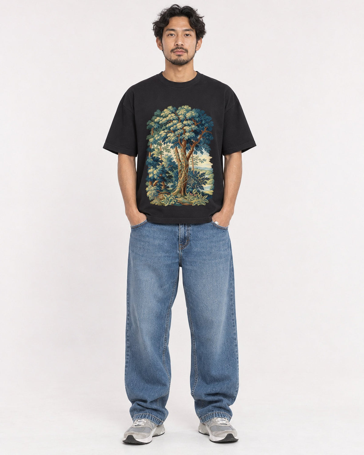 Mockup Boxy Heavyweight Tee Black male full-body 02