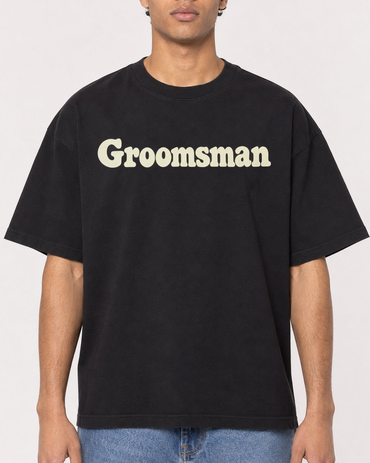 Mockup Boxy Heavyweight Tee Black male close-up 10