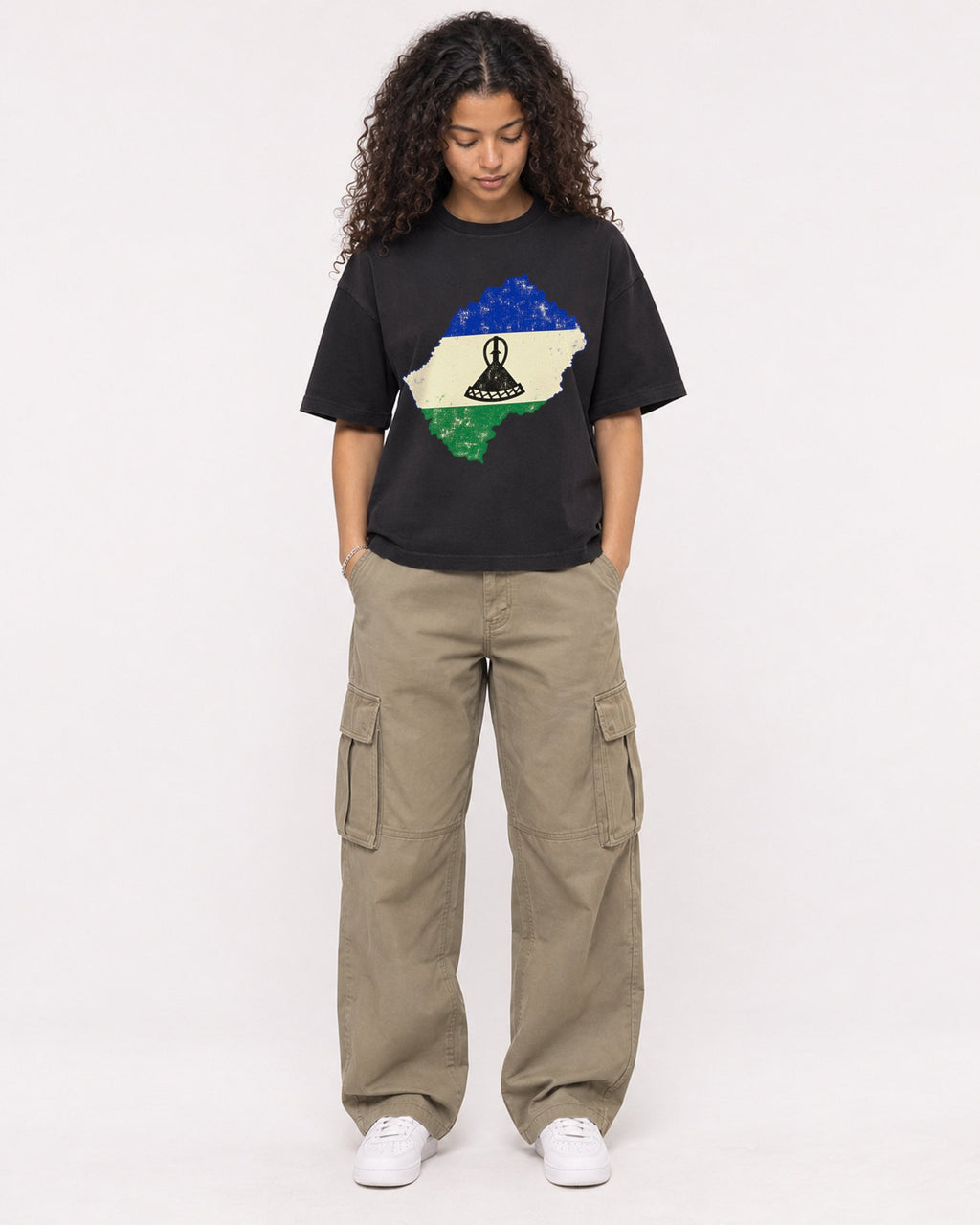 Mockup Boxy Heavyweight Tee Black female full-body 10