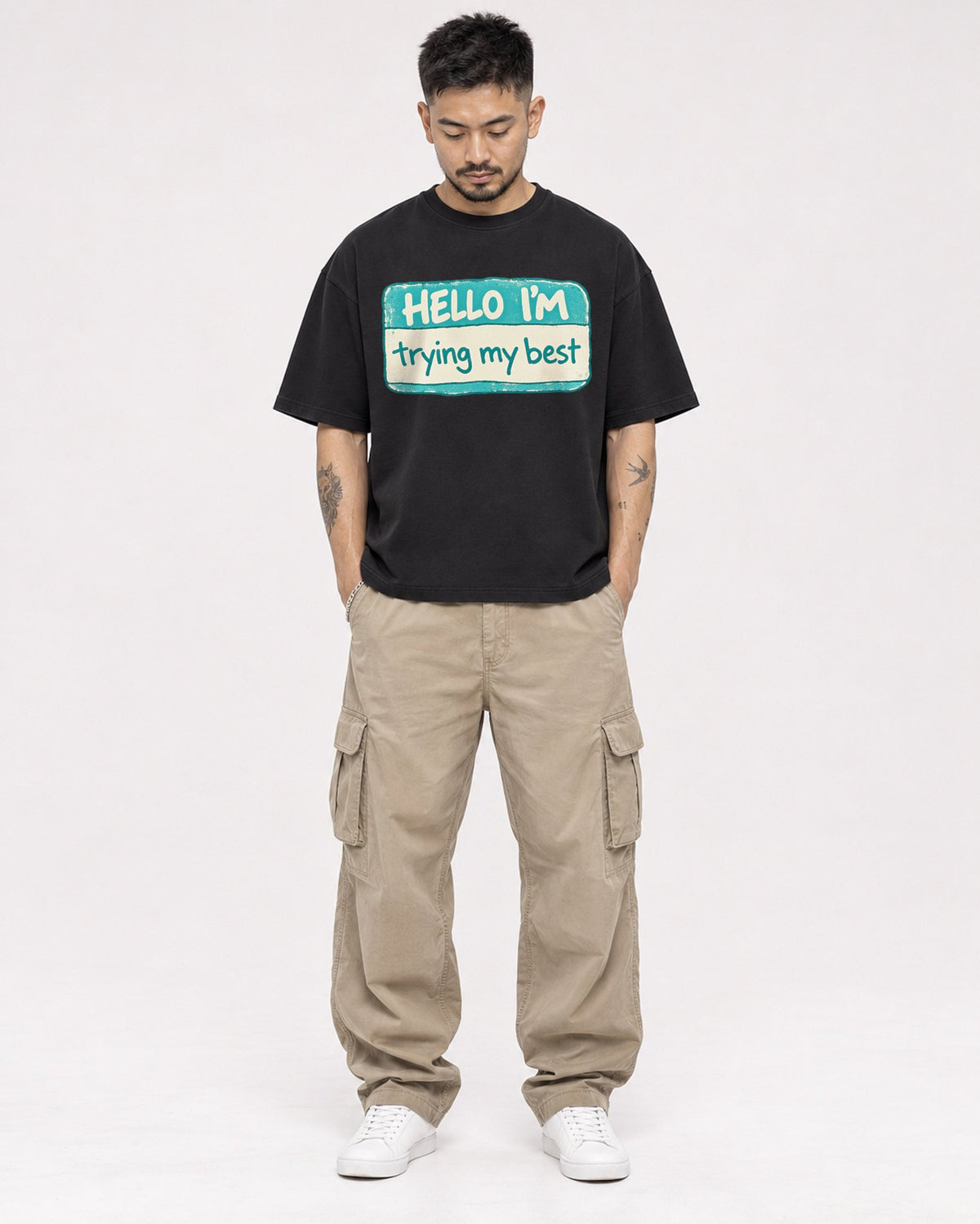 Mockup Boxy Heavyweight Tee Black male full-body 12