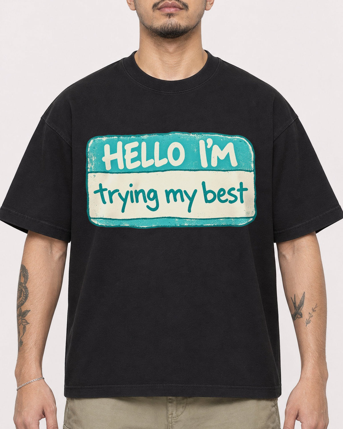 Mockup Boxy Heavyweight Tee Black male close-up 12