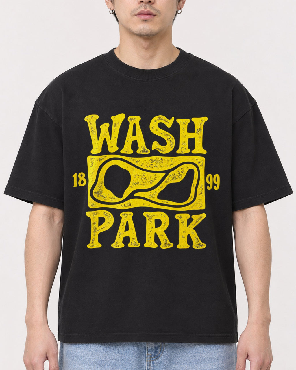 Mockup Boxy Heavyweight Tee Black male close-up 13
