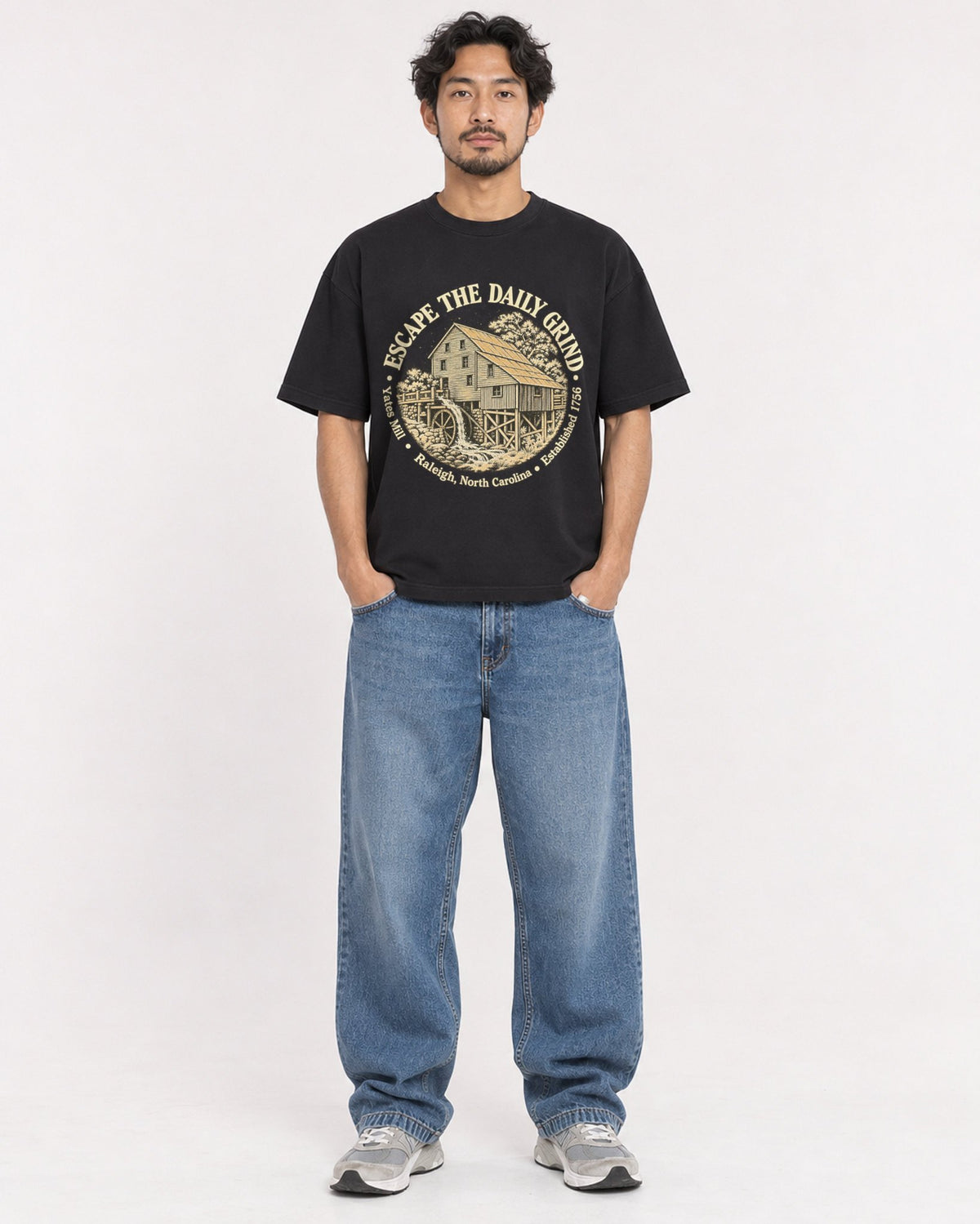 Mockup Boxy Heavyweight Tee Black male full-body 02