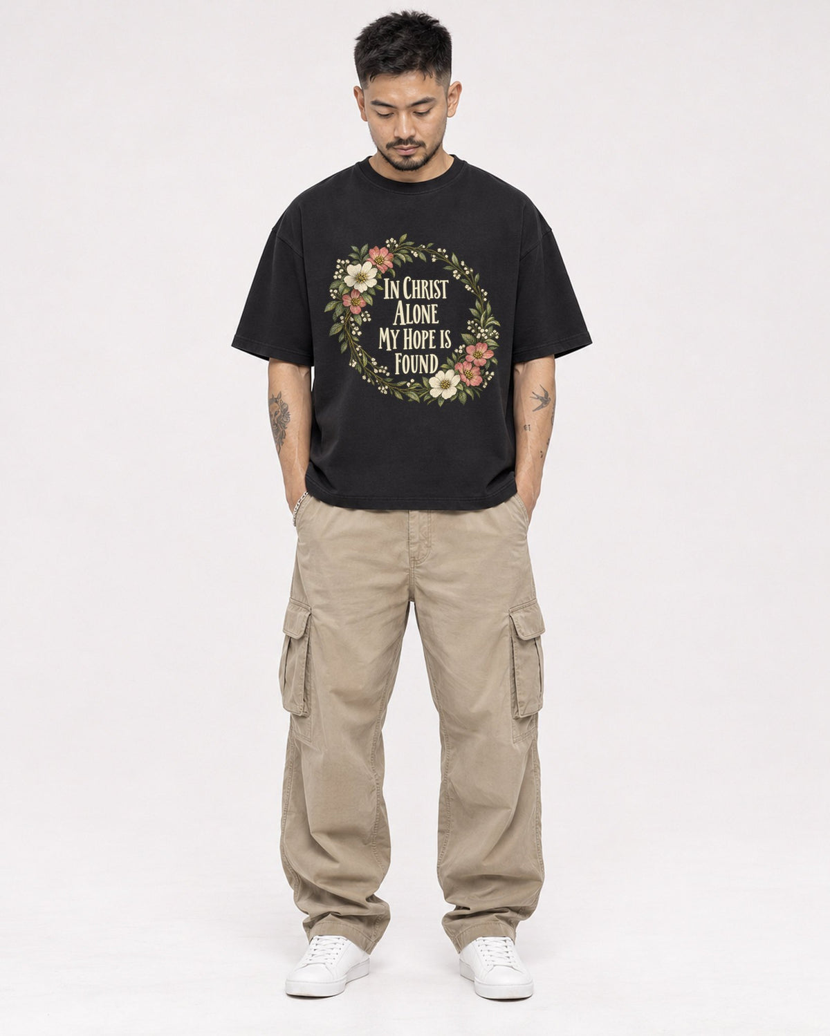 Mockup Boxy Heavyweight Tee Black male full-body 12
