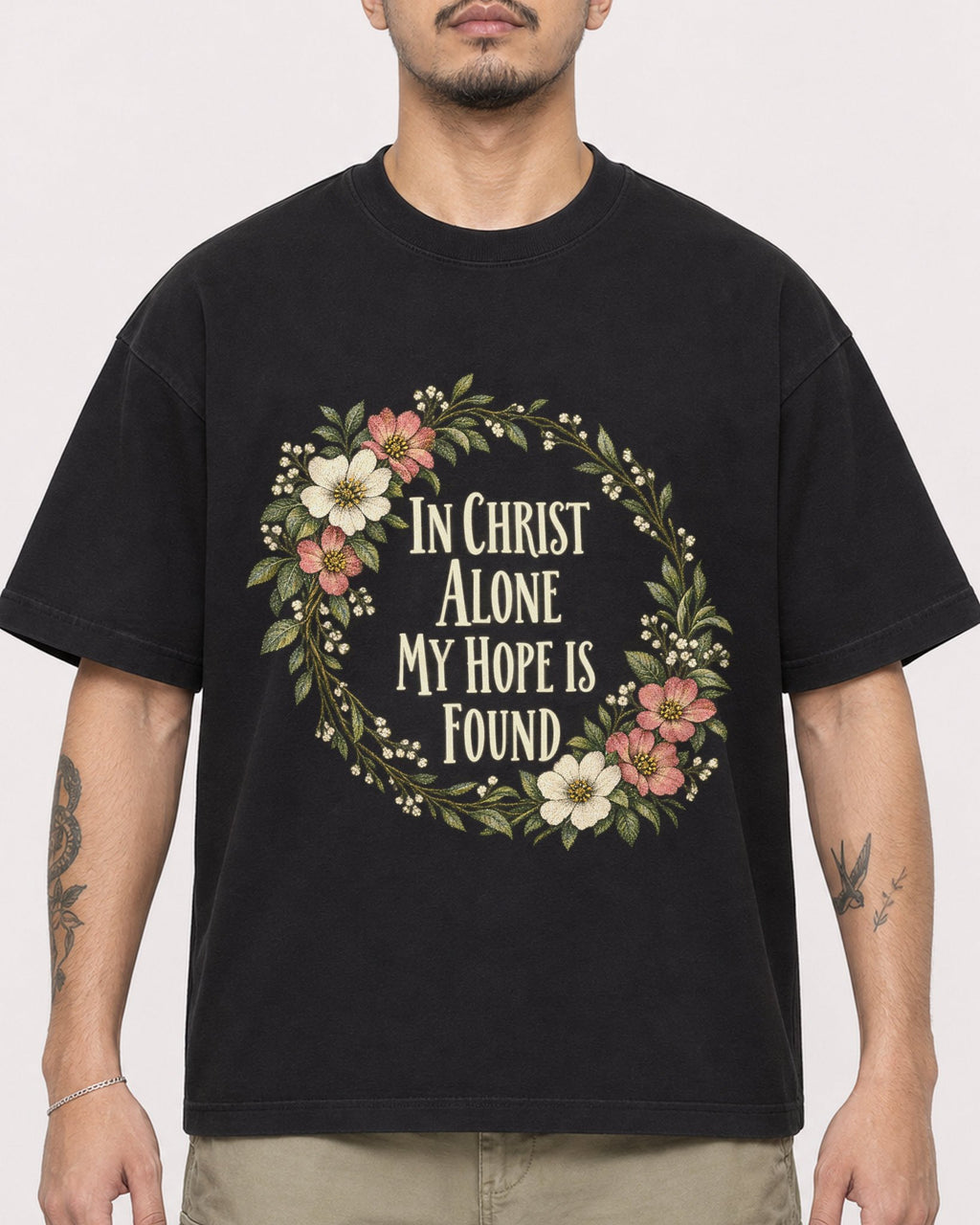 Mockup Boxy Heavyweight Tee Black male close-up 12