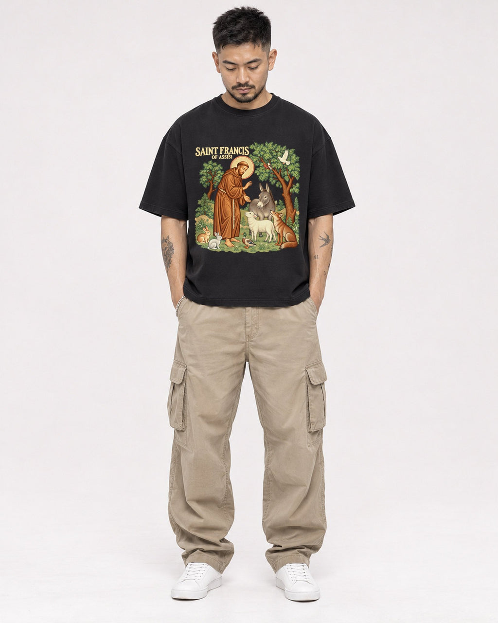 Mockup Boxy Heavyweight Tee Black male full-body 12