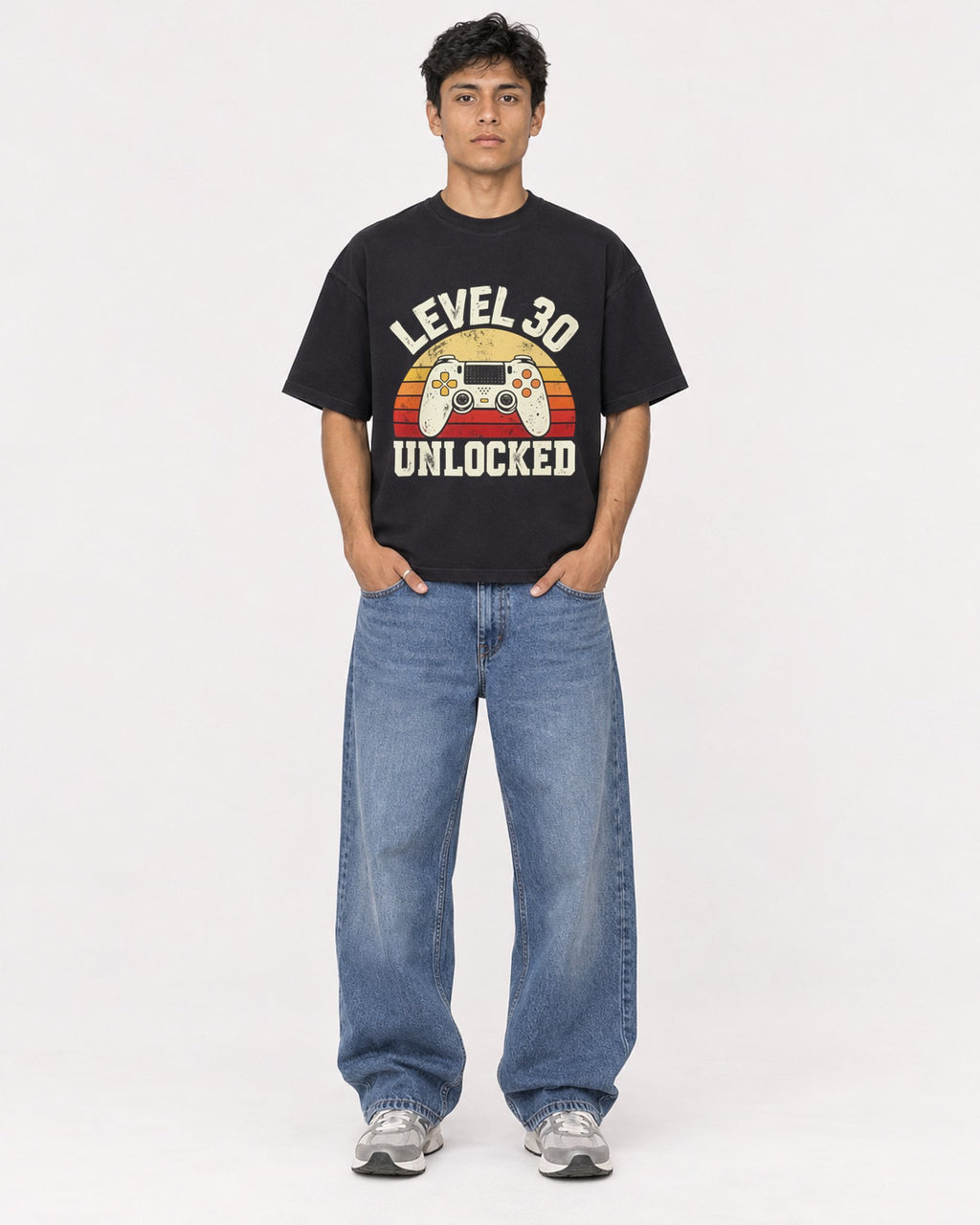 Mockup Boxy Heavyweight Tee Black male full-body 46