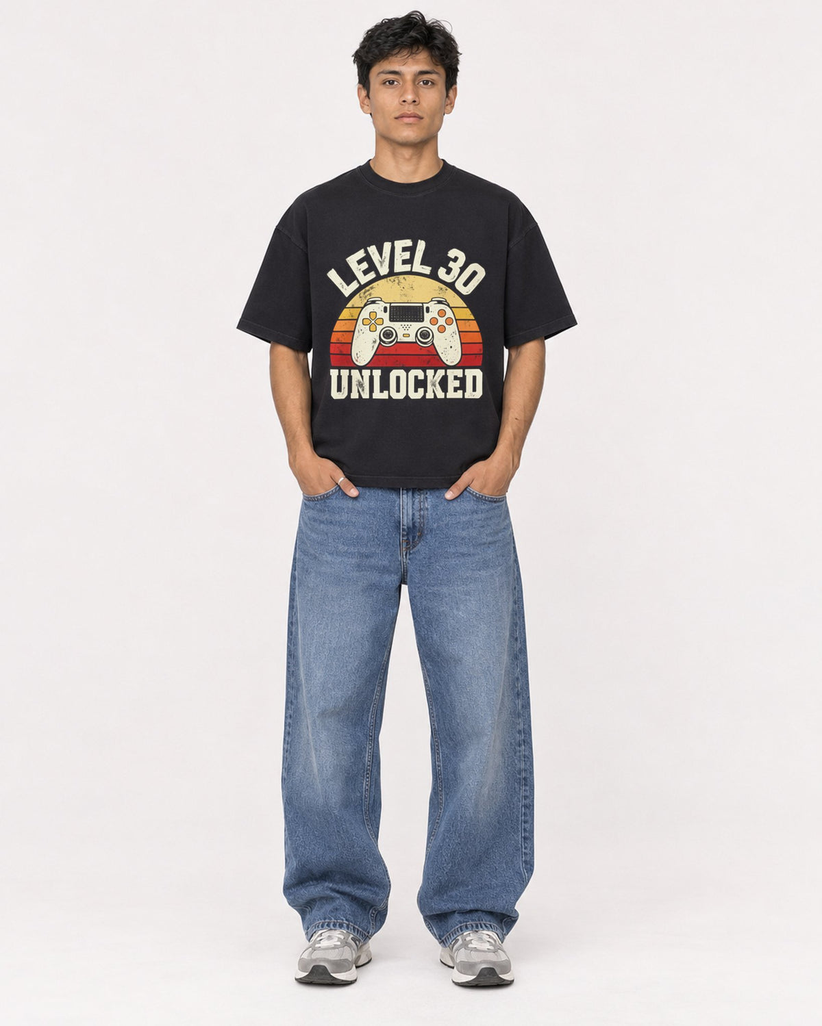 Mockup Boxy Heavyweight Tee Black male full-body 46