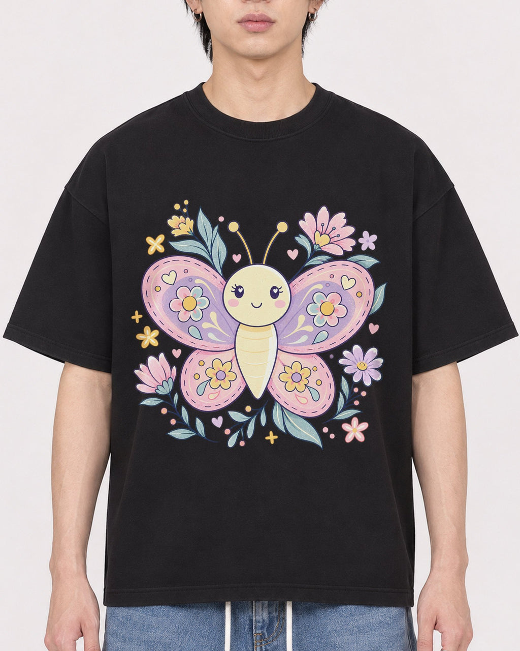 Mockup Boxy Heavyweight Tee Black male close-up 11