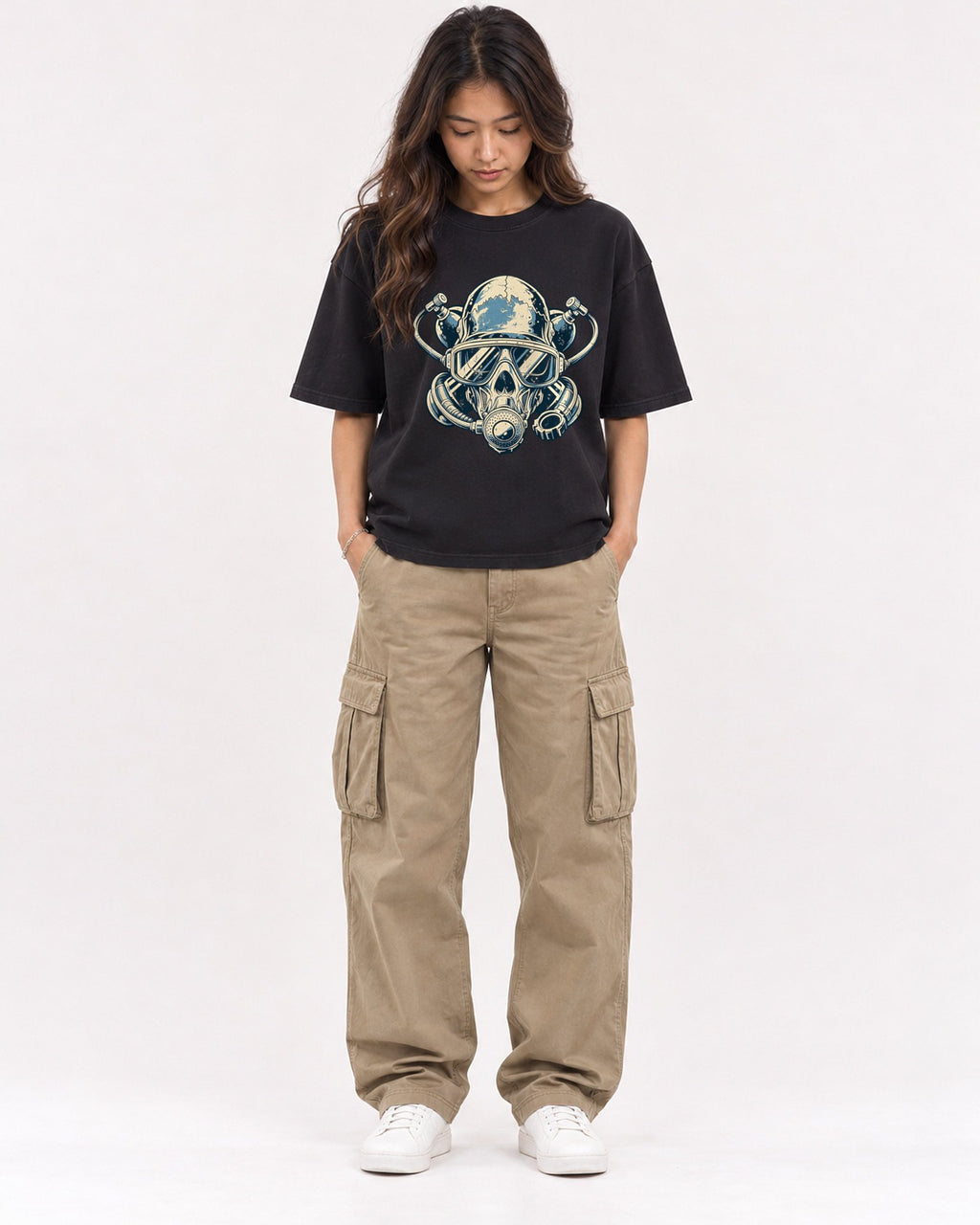 Mockup Boxy Heavyweight Tee Black female full-body 02