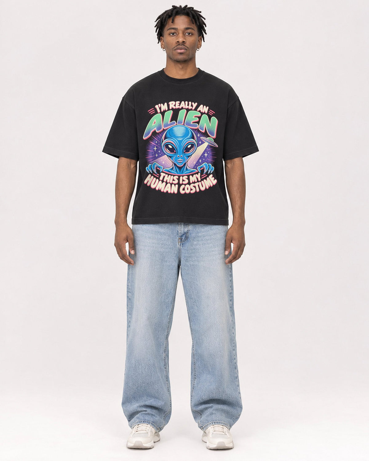 Mockup Boxy Heavyweight Tee Black male full-body 05
