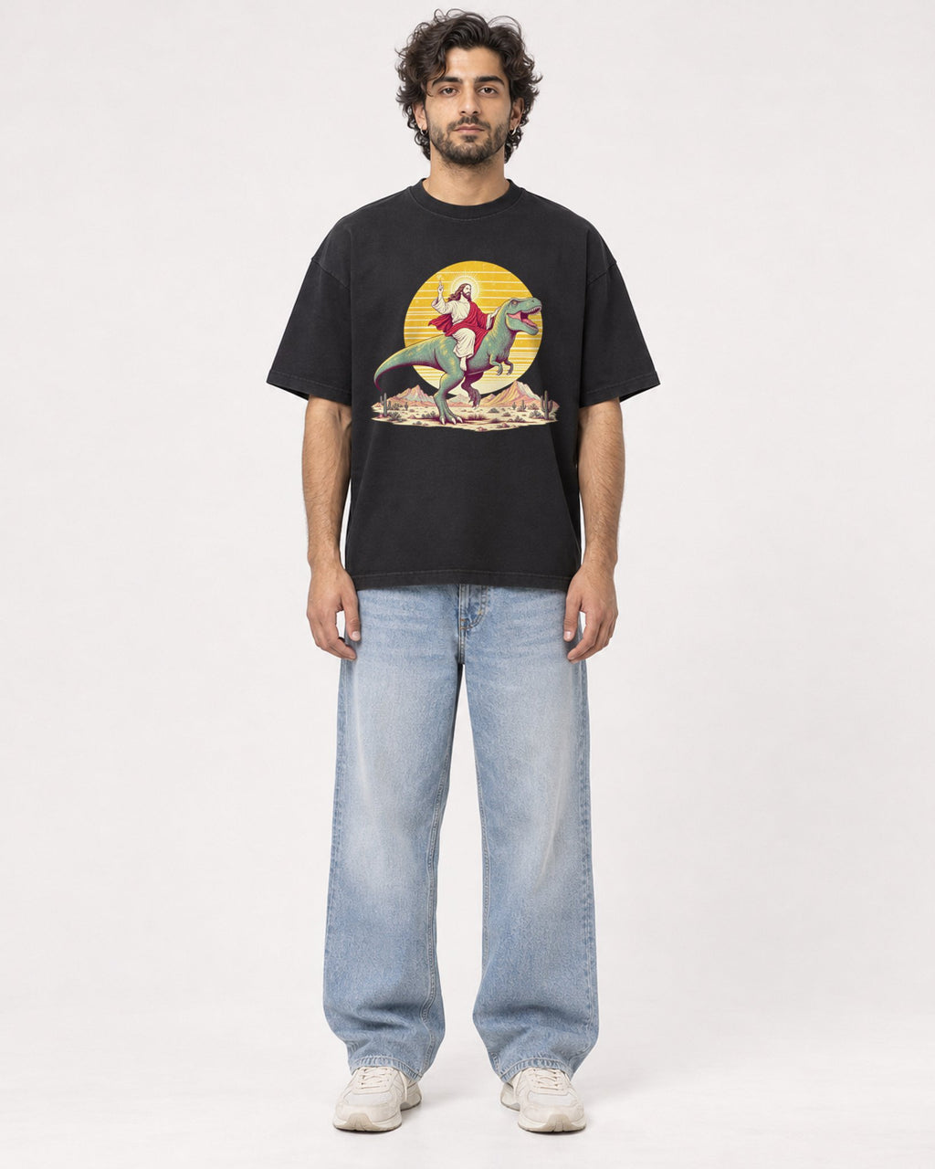 Mockup Boxy Heavyweight Tee Black male full-body 17