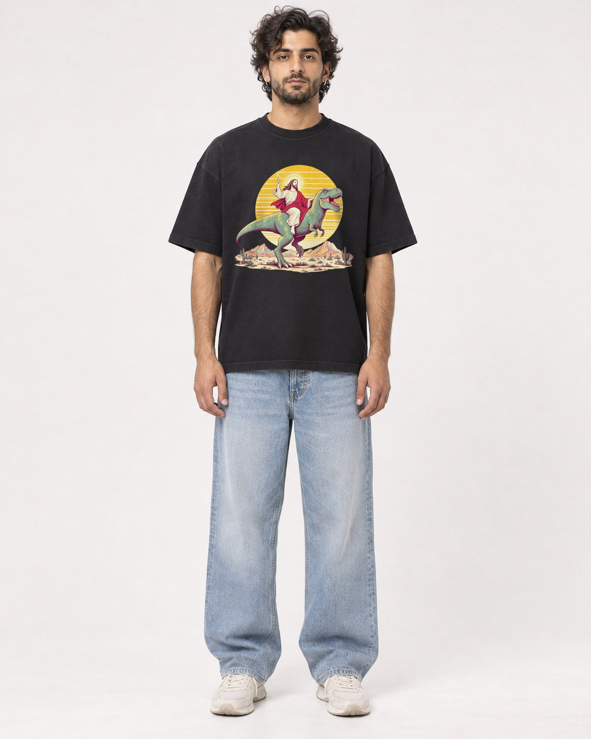 Mockup Boxy Heavyweight Tee Black male full-body 17